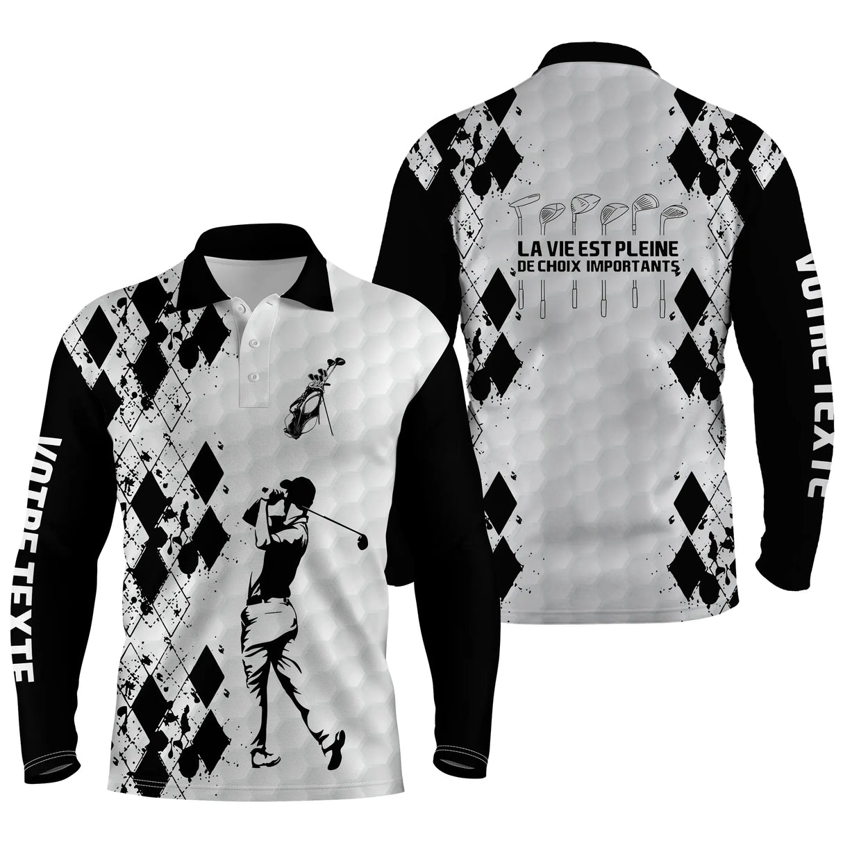 Polo manches longues golf unisexe argyle blanc noir silhouette golfeuse slogan La Vie Pleine Choix tissu respirant