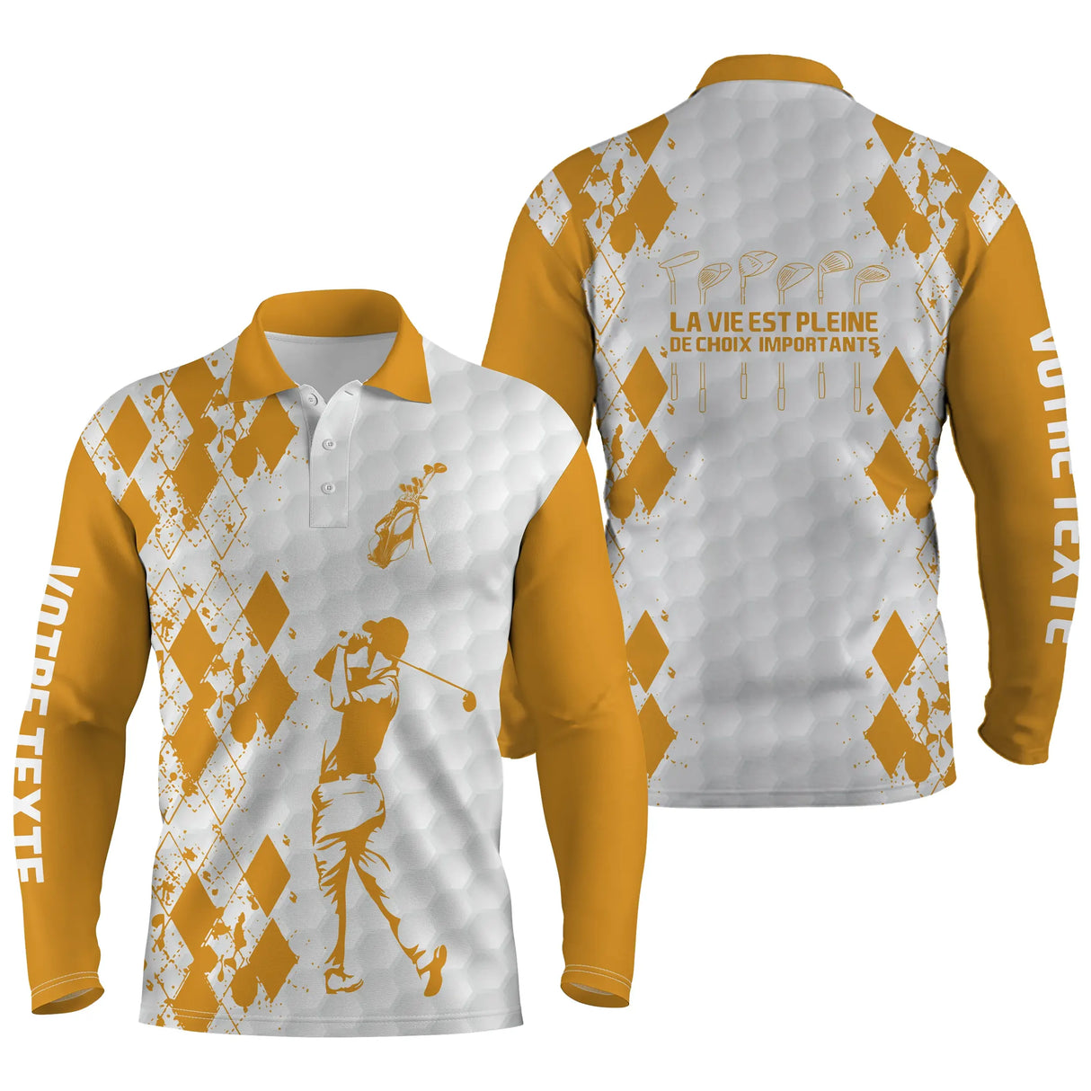 Polo manches longues golf unisexe argyle jaune silhouette golfeuse slogan La Vie Pleine Choix tissu respirant