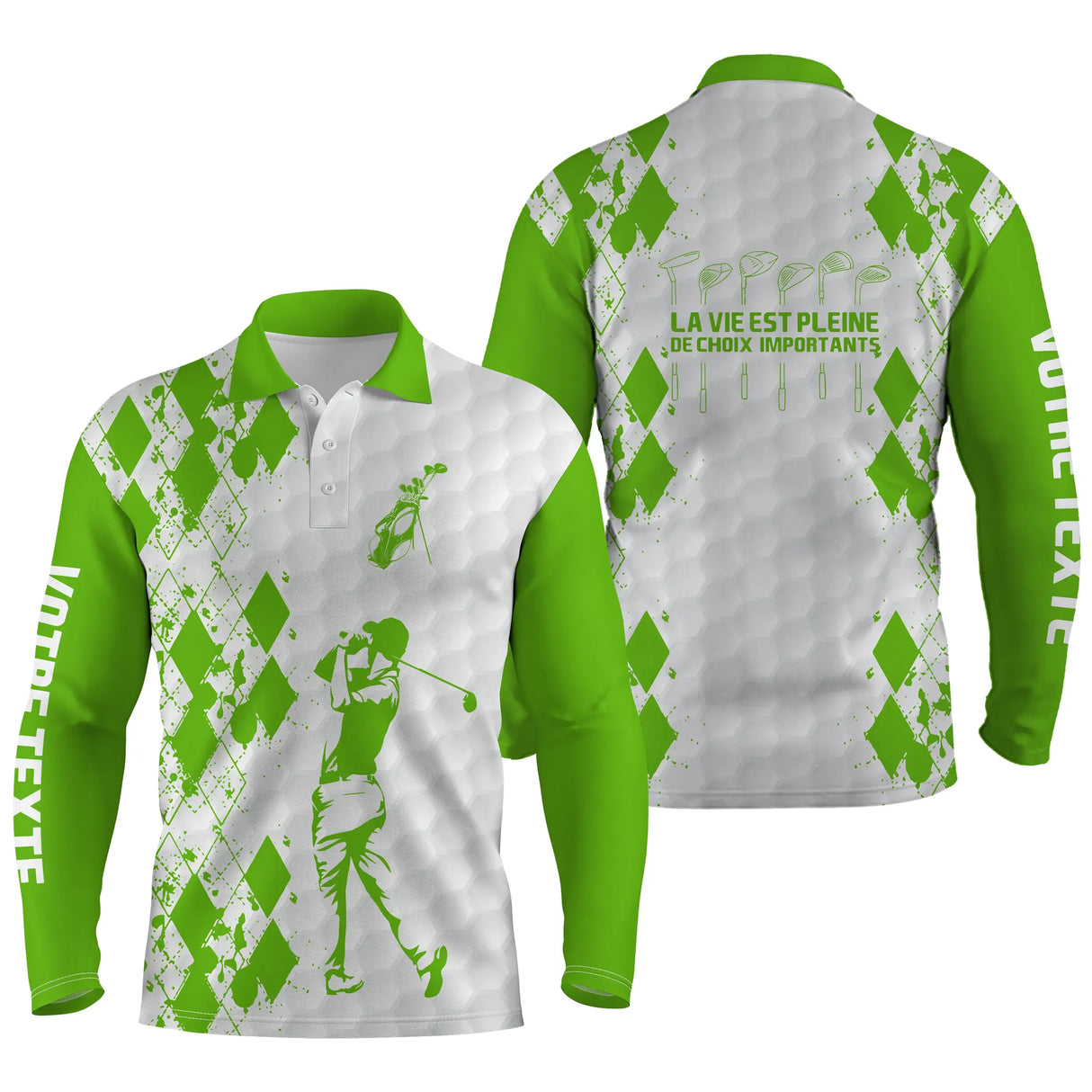 Polo manches longues golf unisexe argyle vert silhouette golfeuse slogan La Vie Pleine Choix tissu respirant