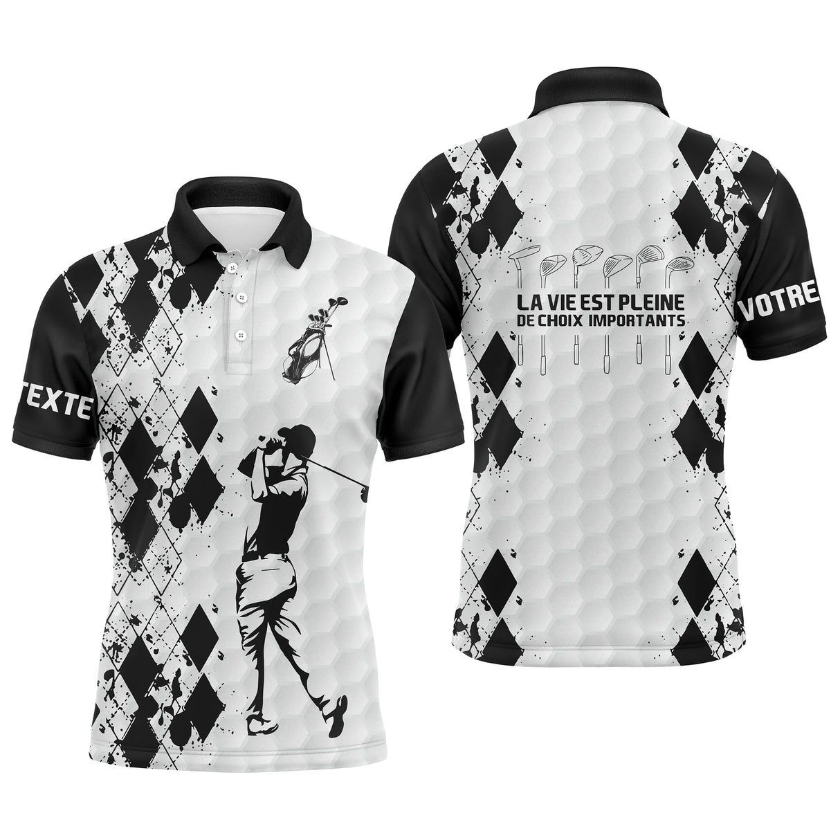 Polo golf homme argyle losange blanc noir damier silhouette golfeuse swing slogan La Vie Est Pleine de Choix Importants
