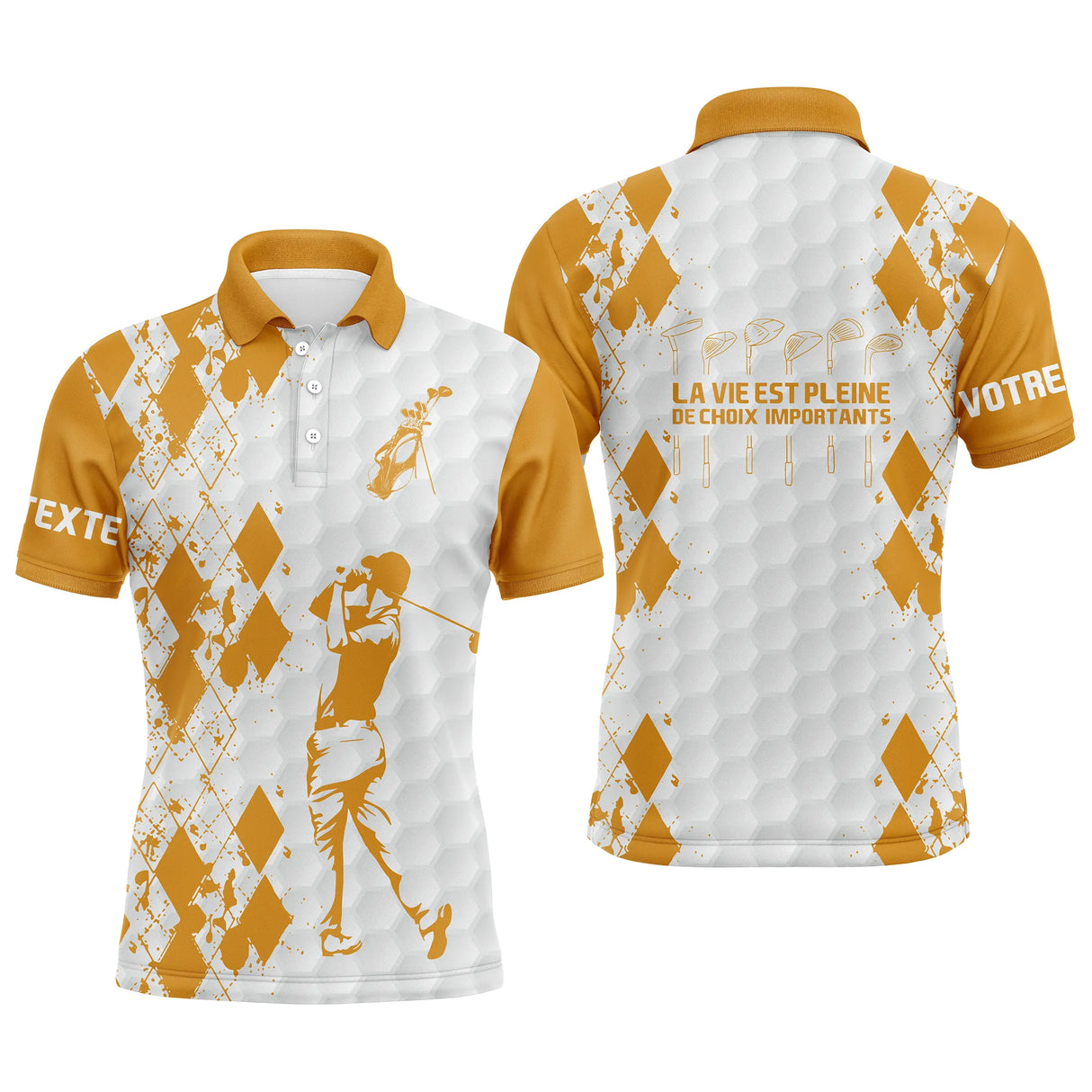 Polo golf homme argyle jaune lumineux silhouette golfeuse swing slogan La Vie Est Pleine de Choix Importants