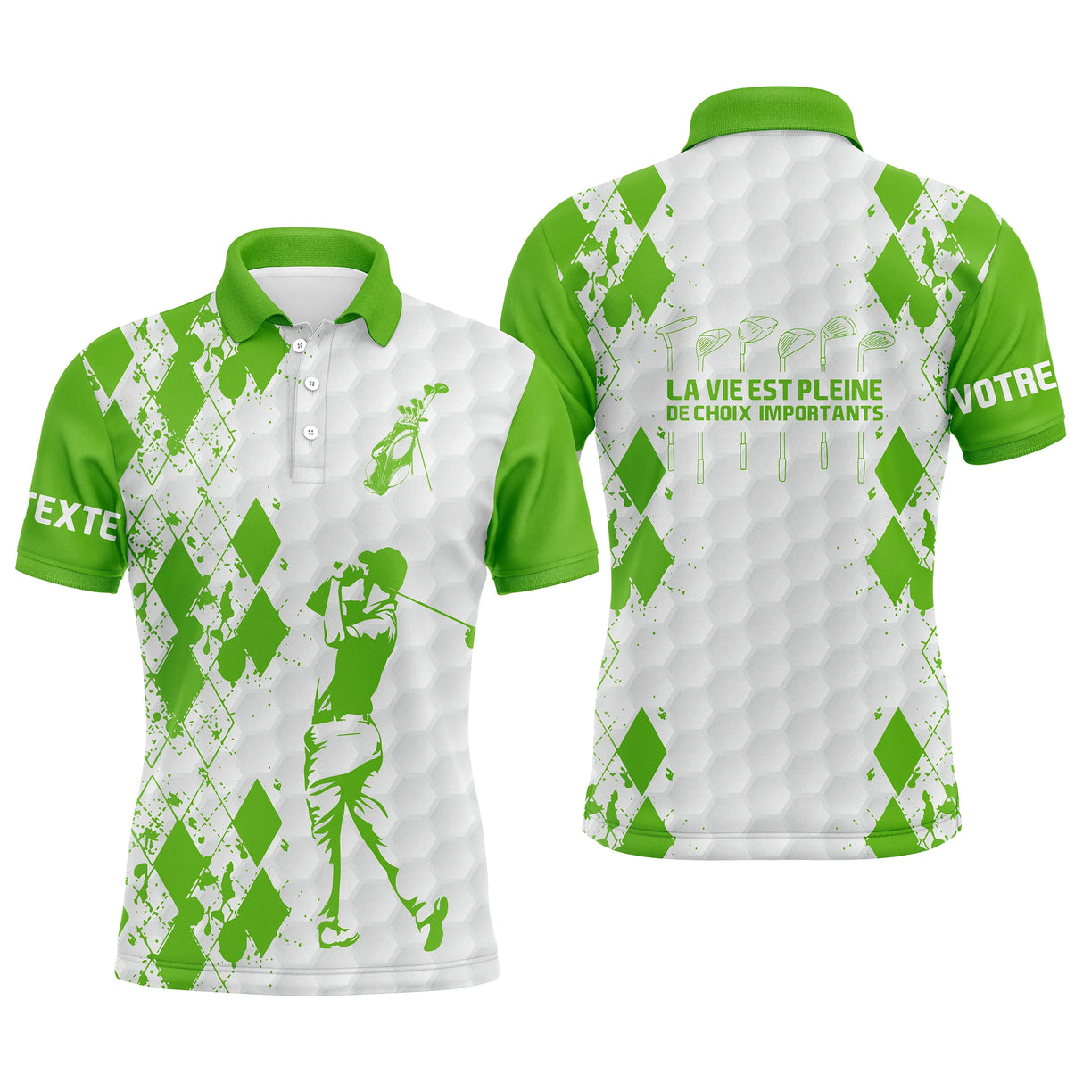 Polo golf homme argyle vert prairie silhouette golfeuse swing slogan La Vie Est Pleine de Choix Importants