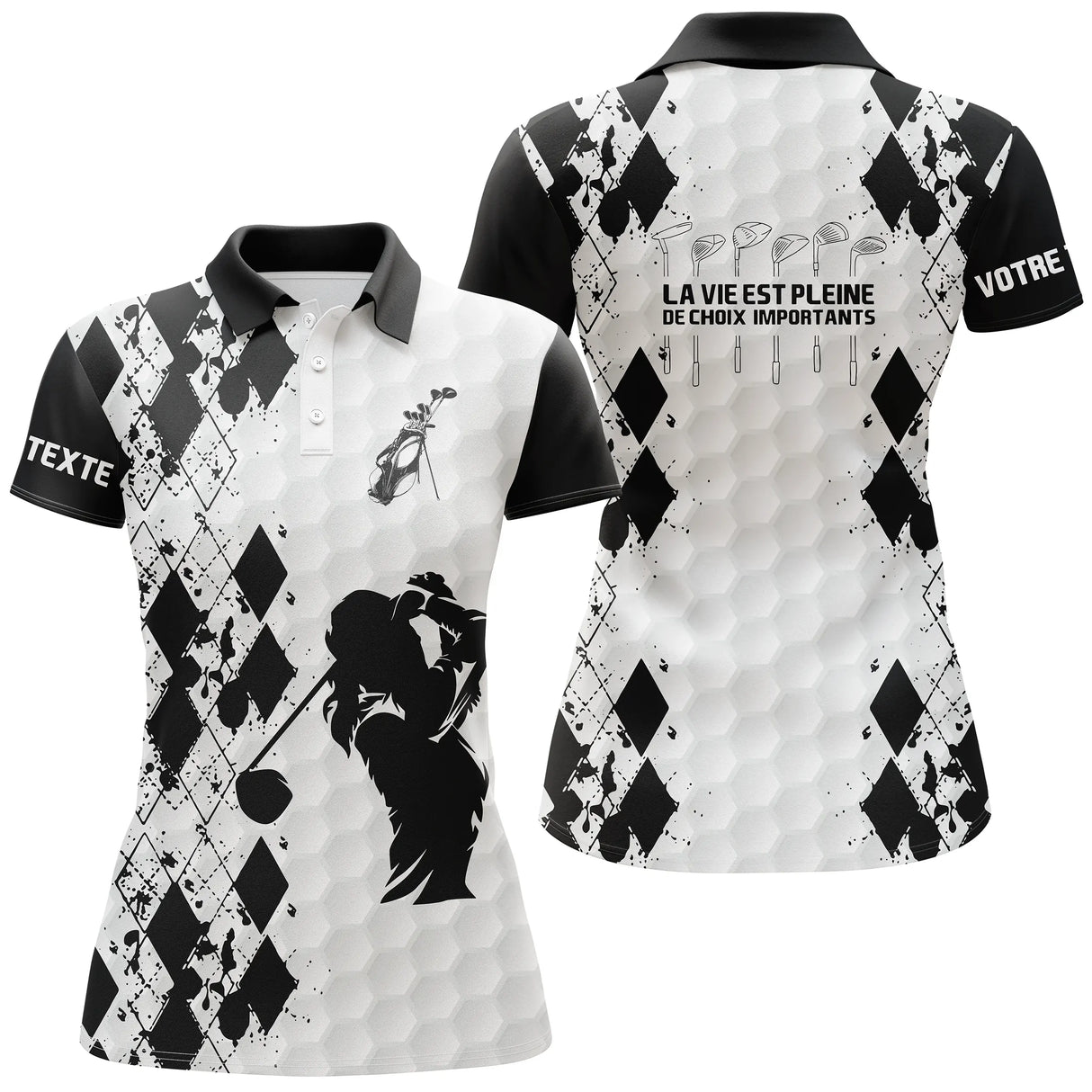 Polo golf femme argyle losange blanc noir damier silhouette golfeuse slogan La Vie Pleine Choix coupe cintrée