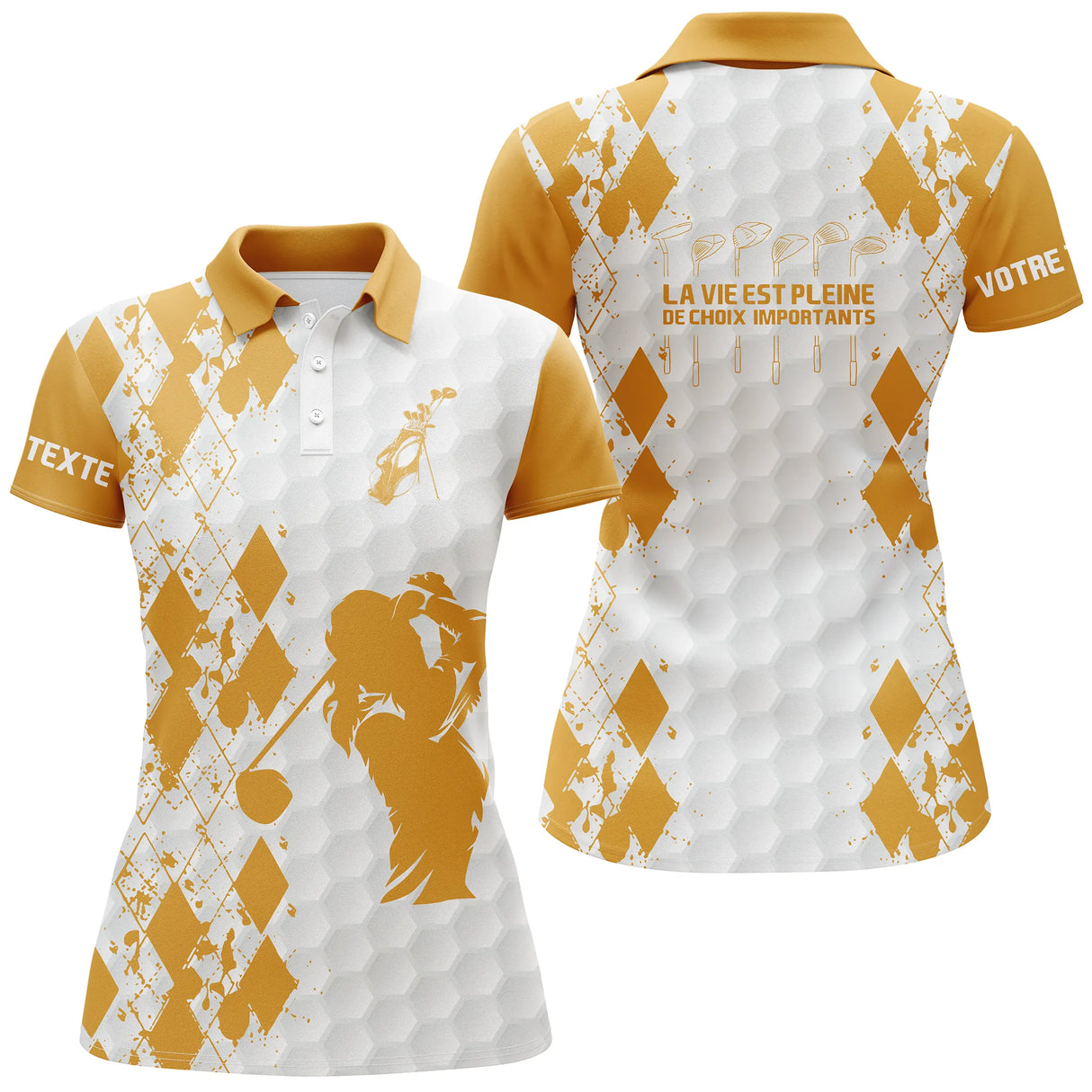 Polo golf femme argyle jaune lumineux silhouette golfeuse slogan La Vie Pleine Choix coupe cintrée tissu respirant