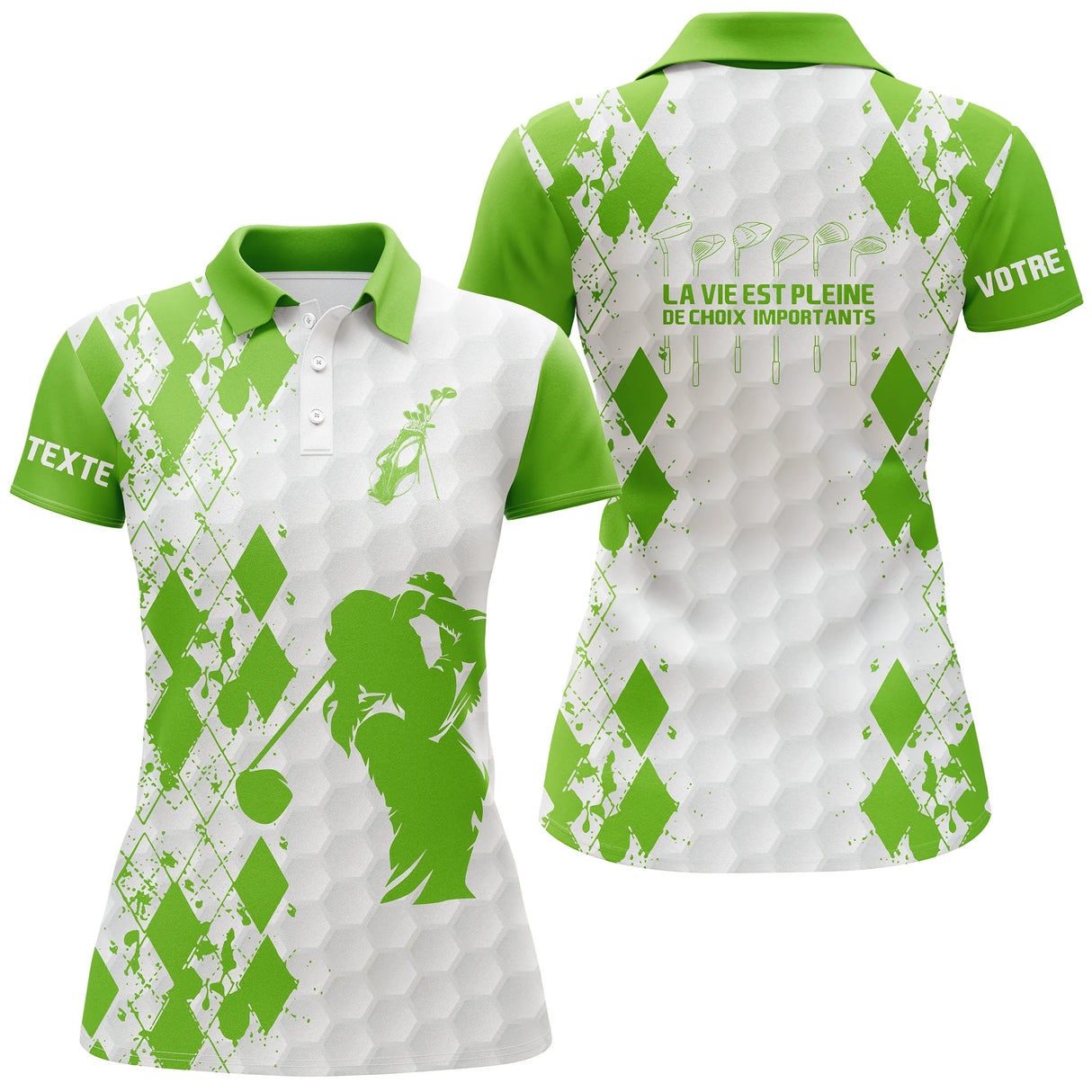 Polo golf femme argyle vert prairie silhouette golfeuse slogan La Vie Pleine Choix coupe cintrée tissu respirant