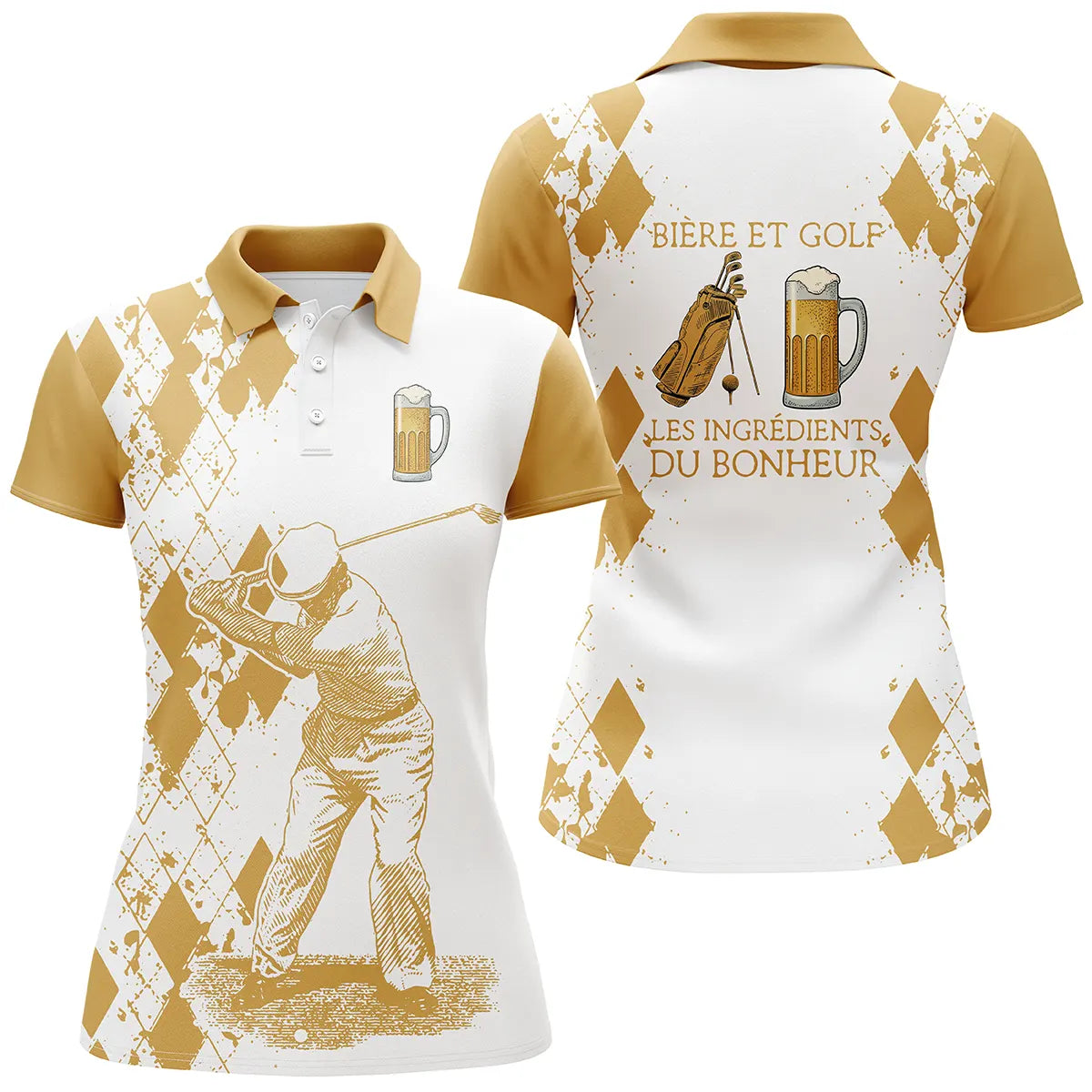 Polo golf femme argyle blanc jaune moutarde silhouette golfeur chope bière slogan Bière et Golf Bonheur coupe cintrée