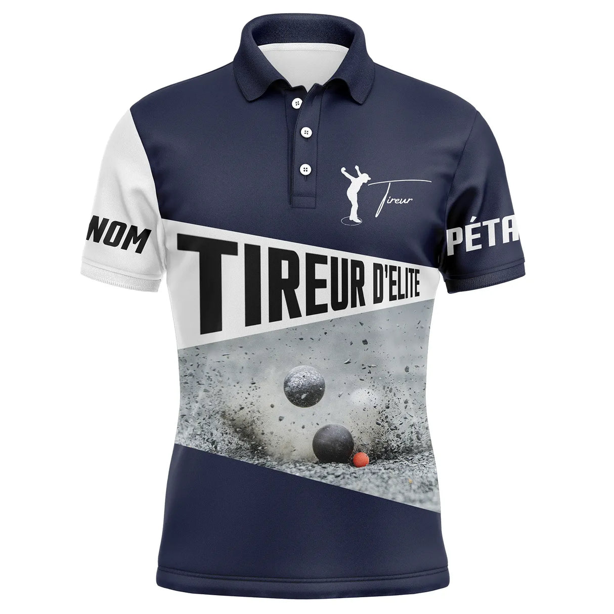 Polo pétanque bleu marine et blanc message tireur d'élite silhouette joueur en frappe photo boules sable PRÉNOM