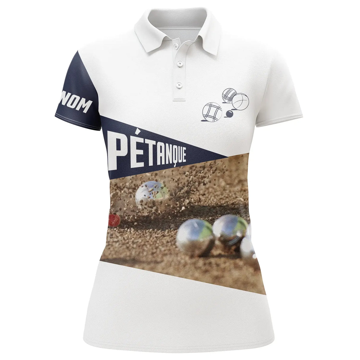 Polo pétanque blanc et bleu marine vue dos design PÉTANQUE photo boules réalistes sur sable bouliste