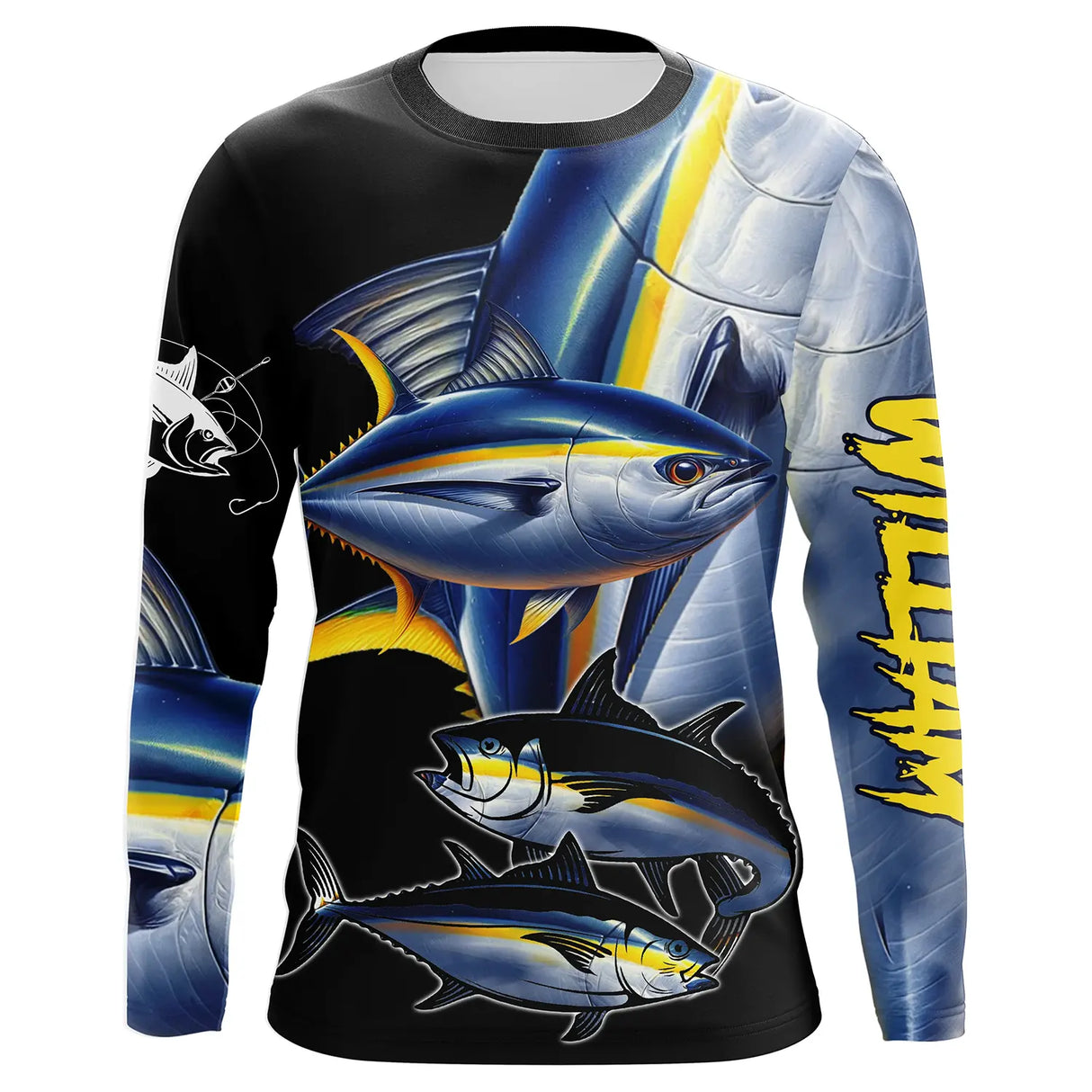 T-shirt anti UV manches longues pêche thon jaune, collage all-over et fond noir bleu marine, vêtement halieutique