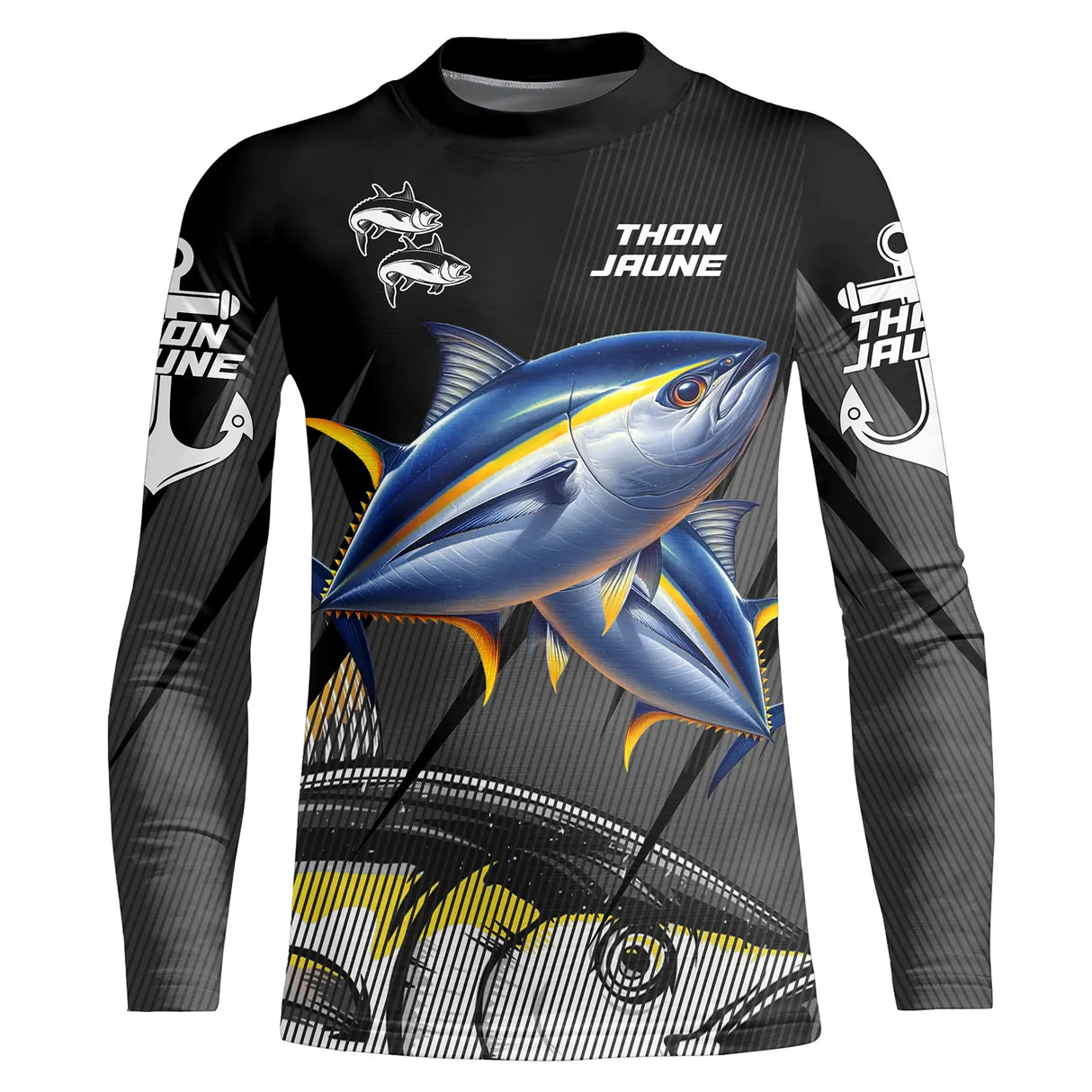 T-shirt anti UV manches longues pêche thon en saut, design noir et jaune doré, vêtement halieutique pour pêcheur au gros