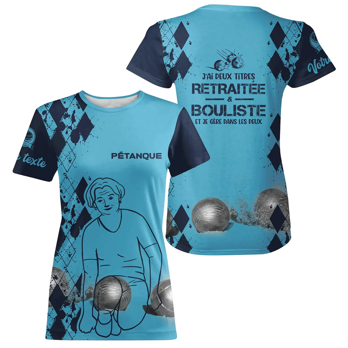 T-shirt pétanque sable beige manche texte personnalisé sublimation intégrale design damier