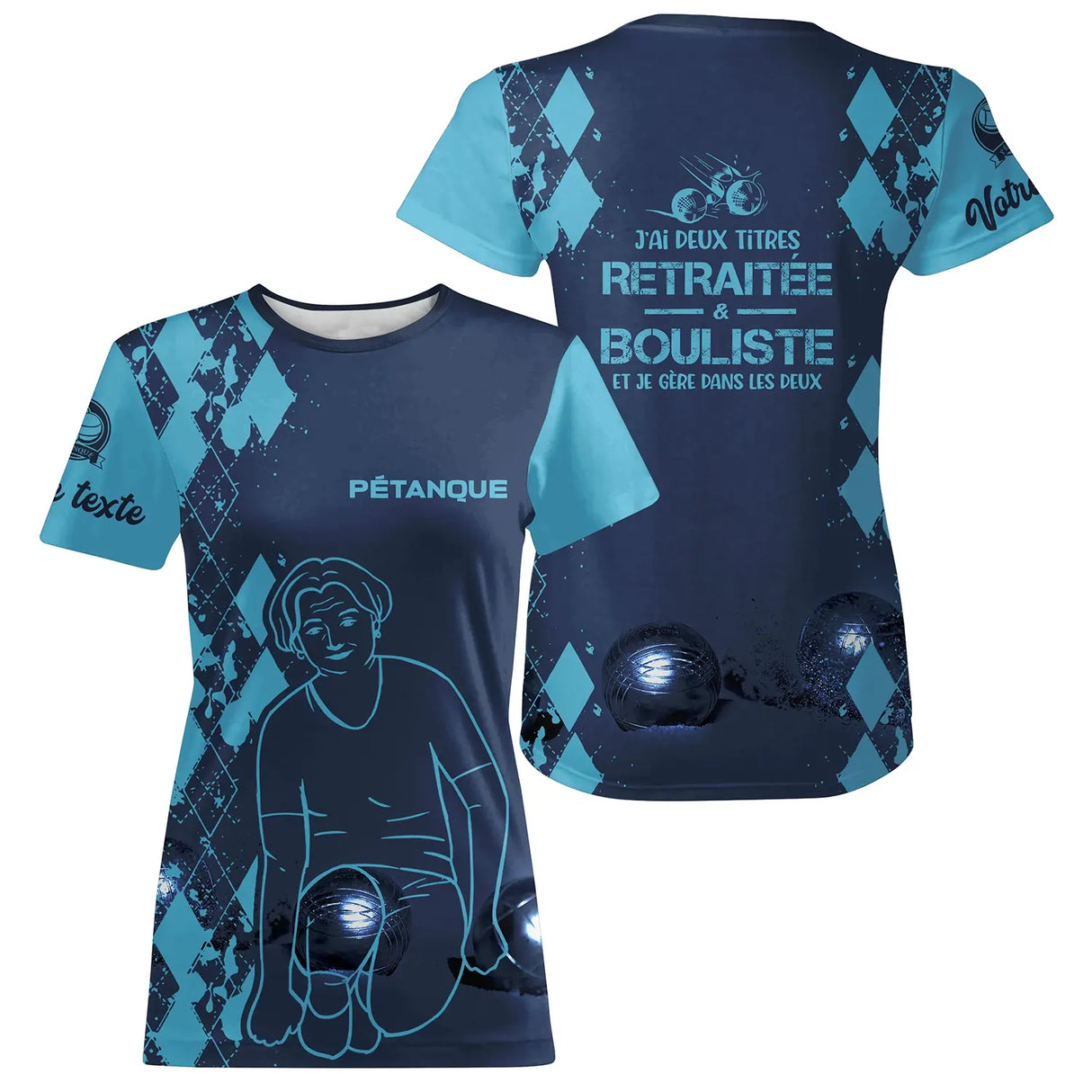 T-shirt pétanque sable beige ensemble vue avant arrière damier silhouette joueur retraité