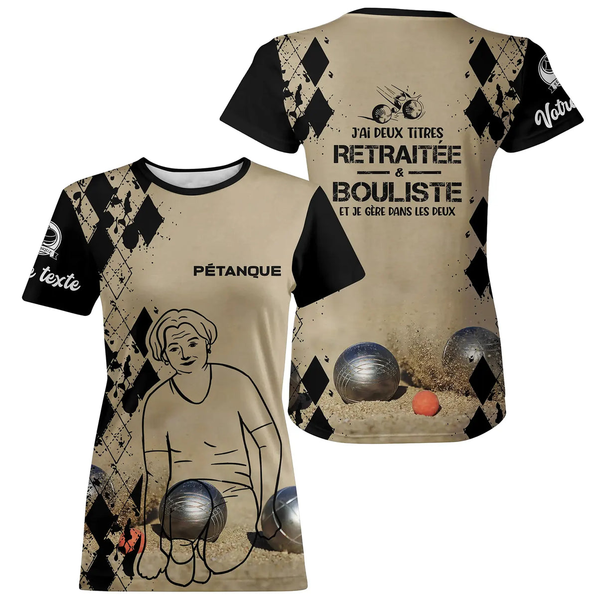 T-shirt pétanque sable beige vue détail message retraité bouliste sublimation damier élégant