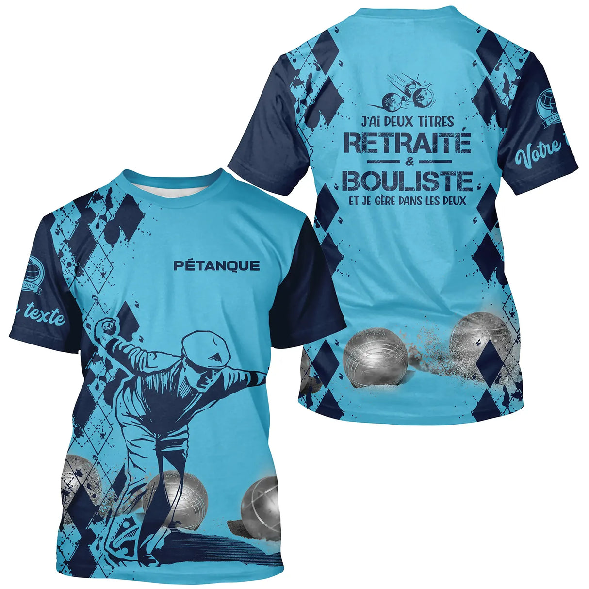 T-shirt pétanque sable beige vue dos message retraité bouliste boules réalistes damier élégant