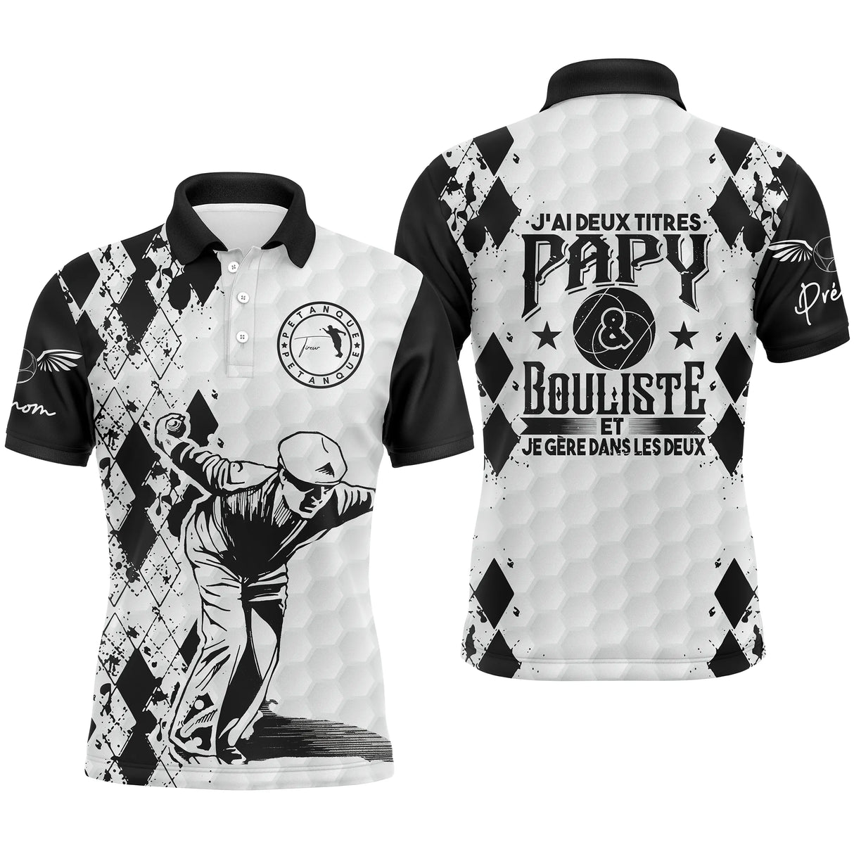 Polo papy bouliste blanc noir argyle avec silhouette bouliste et lettrage Deux titres Papy Bouliste, prénom imprimé