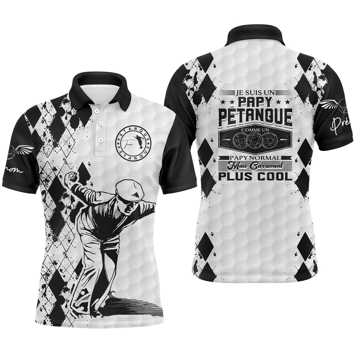 Polo papy pétanque blanc noir argyle avec silhouette bouliste et lettrage Papy Tireur Génial Plus Cool, prénom imprimé