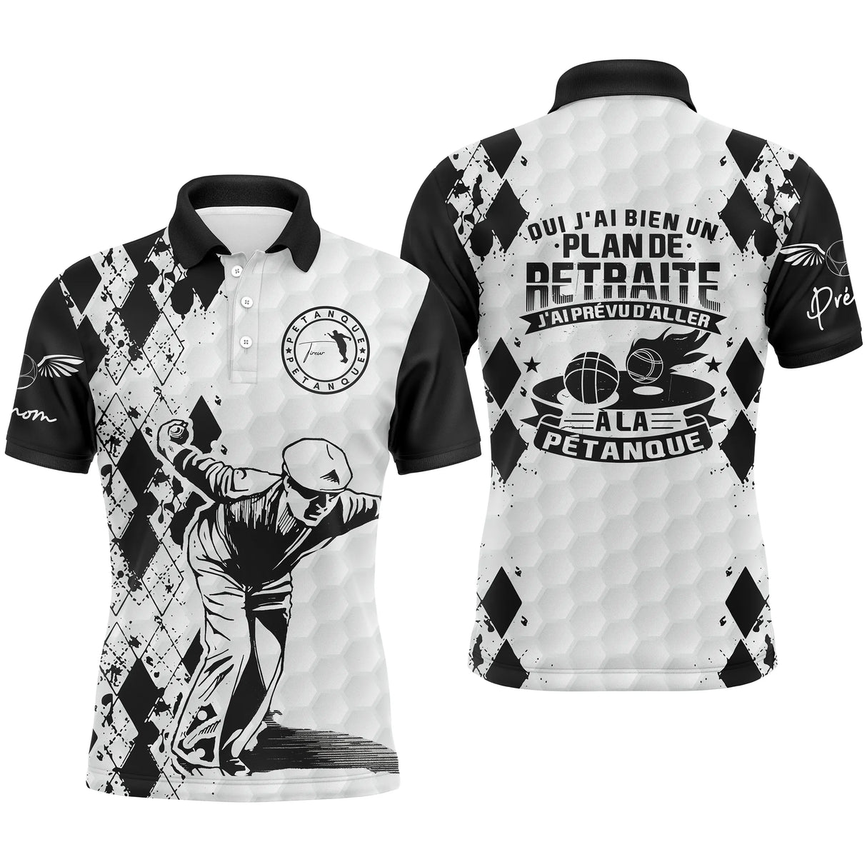Polo pétanque personnalisé blanc noir argyle avec silhouette bouliste et lettrage Plan de retraite Pétanque, prénom