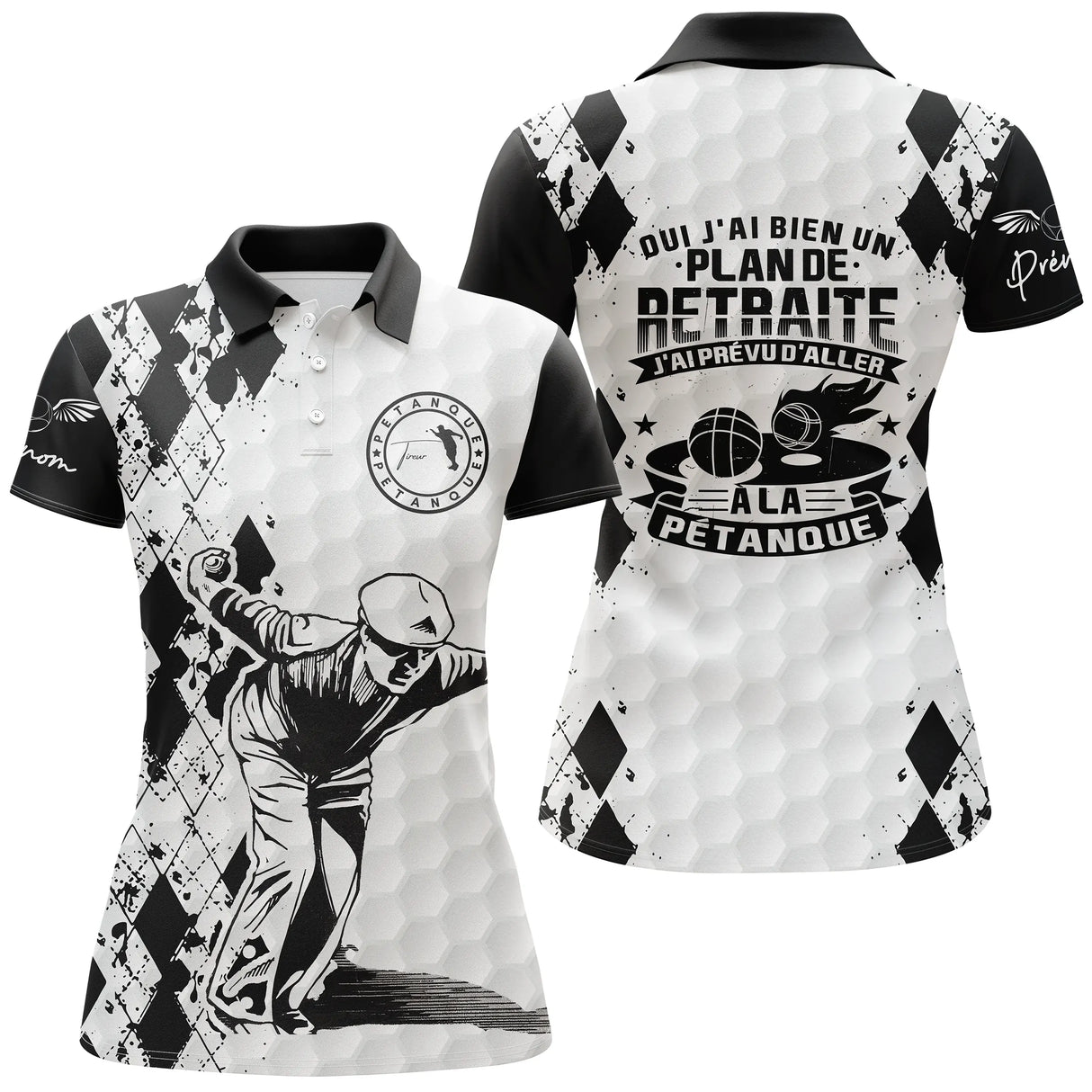 Polo pétanque homme femme manches courtes blanc argyle retraite, design bouliste personnalisable
