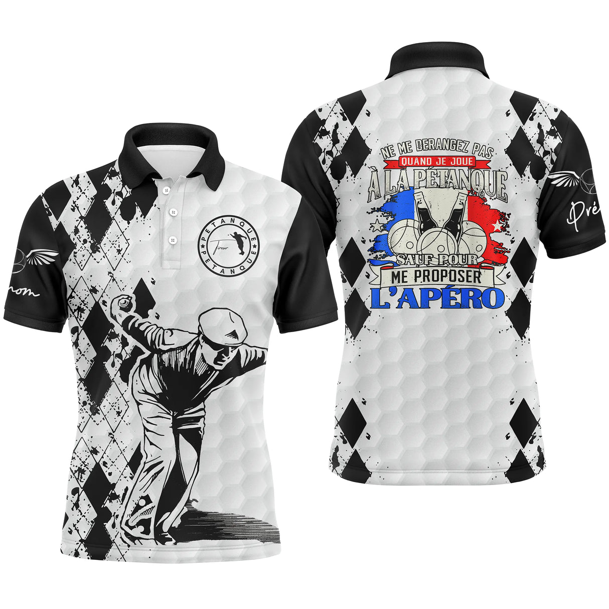 Polo pétanque personnalisé blanc noir argyle avec drapeau France et silhouette bouliste, lettrage Apéro et prénom