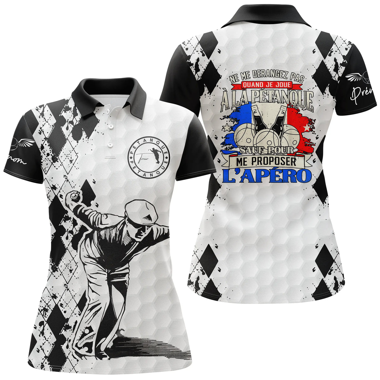 Polo pétanque homme femme manches courtes blanc argyle France, design bouliste apéro personnalisable
