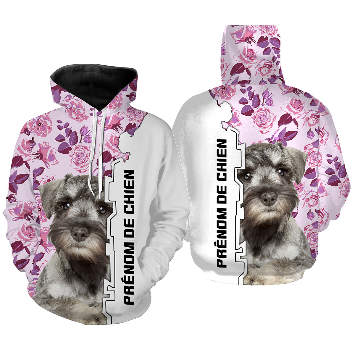 Hoodie Schnauzer Nain femme all-over fond blanc roses violettes motif Zwergschnauzer photo prénom personnalisés