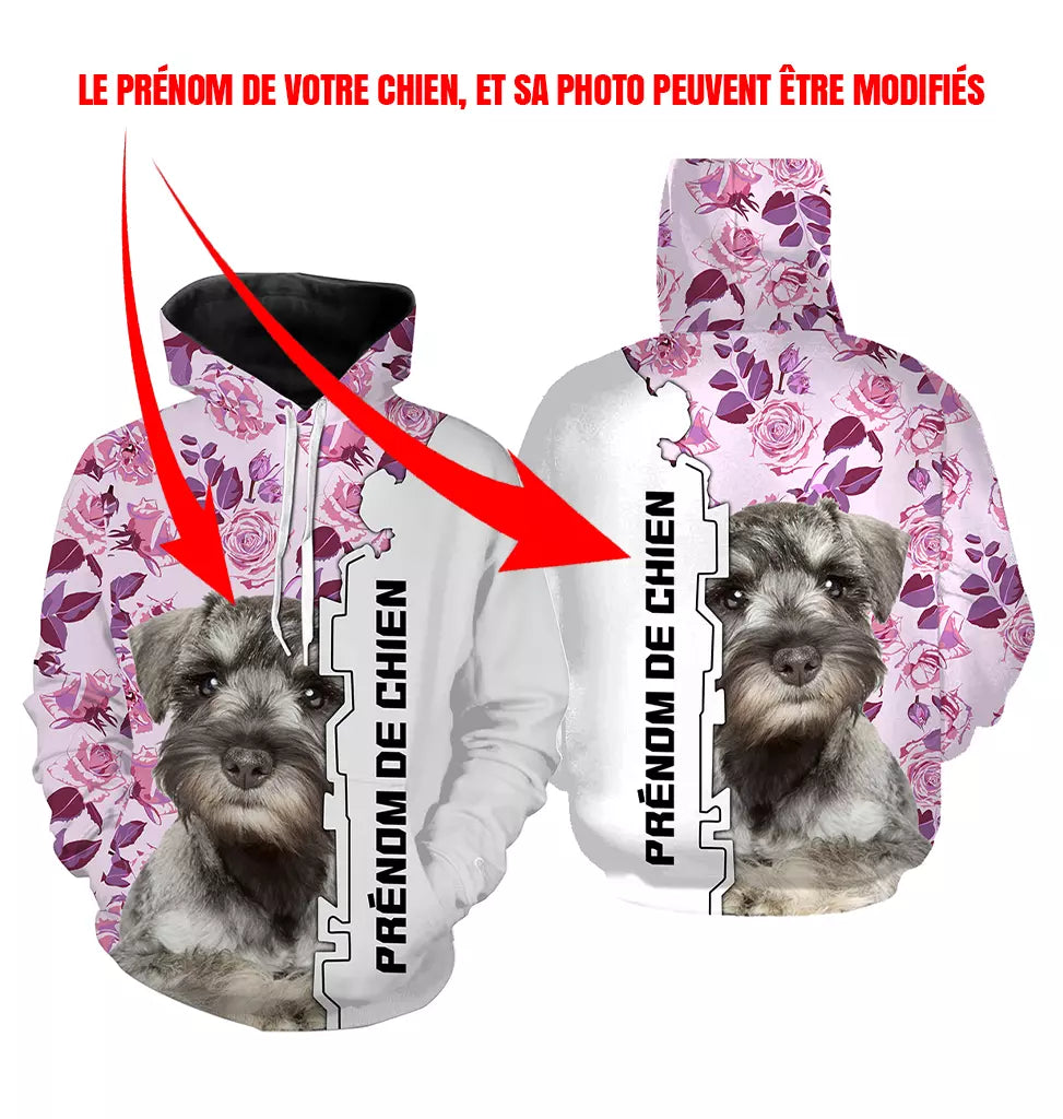 Sweat Schnauzer Miniature femme all-over fond blanc roses motif Schnauzer Nain poivre sel photo prénom personnalisés
