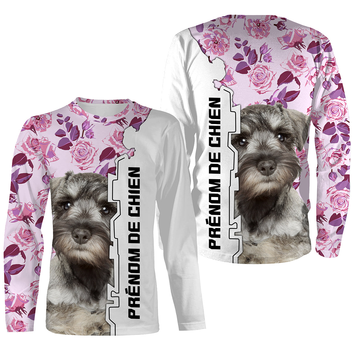 Sweat zippé Schnauzer Miniature femme all-over fond rose motif chien poivre sel photo prénom personnalisés