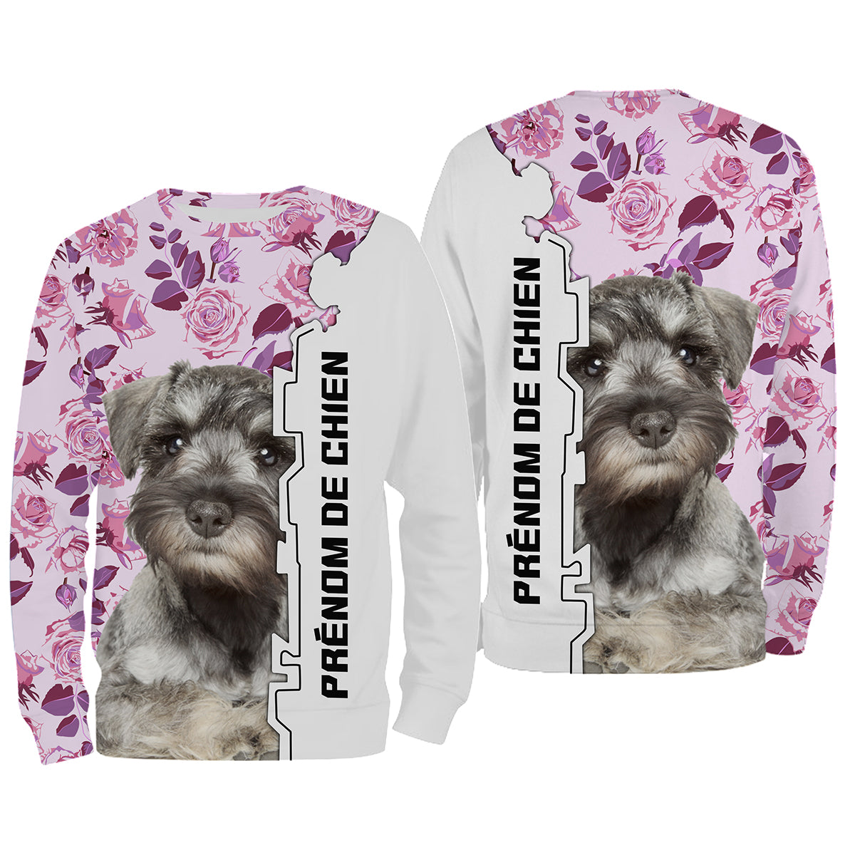 T-shirt Schnauzer Miniature femme all-over fond floral rose motif Zwergschnauzer photo prénom personnalisés