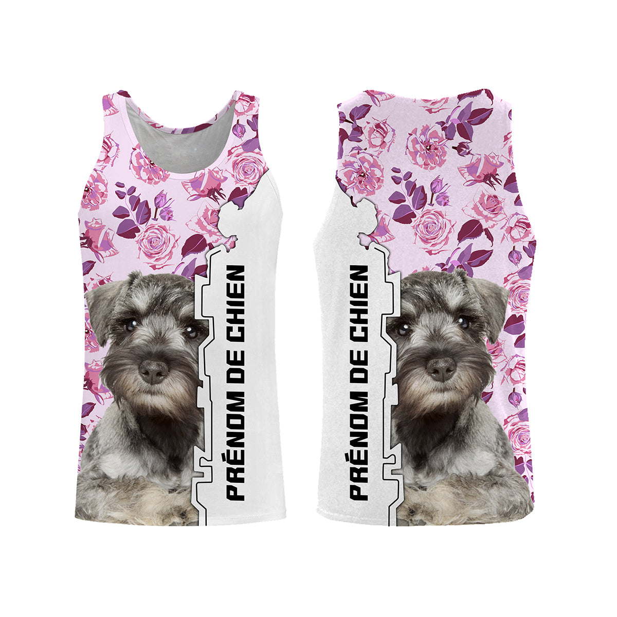 Sweat Zwergschnauzer femme all-over fond rose motif chien Schnauzer Nain photo prénom personnalisés cynophile