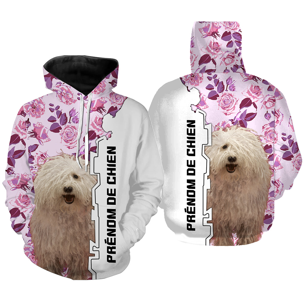 Hoodie berger hongrois femme all-over fond blanc roses violettes motif Komondor blanc photo prénom personnalisés