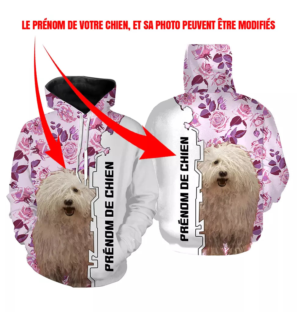 Sweat chien Komondor femme all-over fond blanc roses motif Komondor blanc cordes berger hongrois photo prénom personnalisés