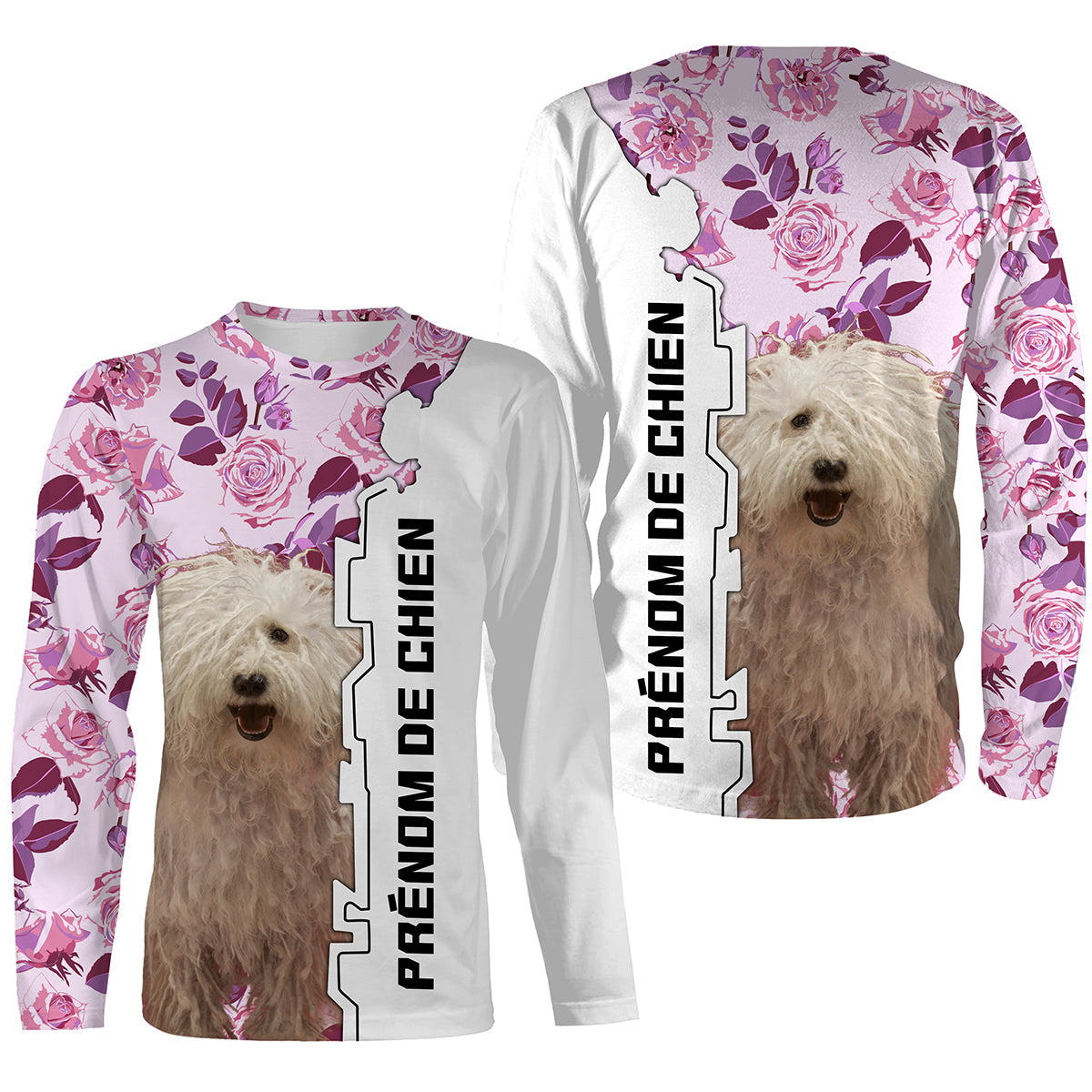 Sweat zippé Komondor femme all-over fond rose motif chien blanc cordes berger hongrois photo prénom personnalisés