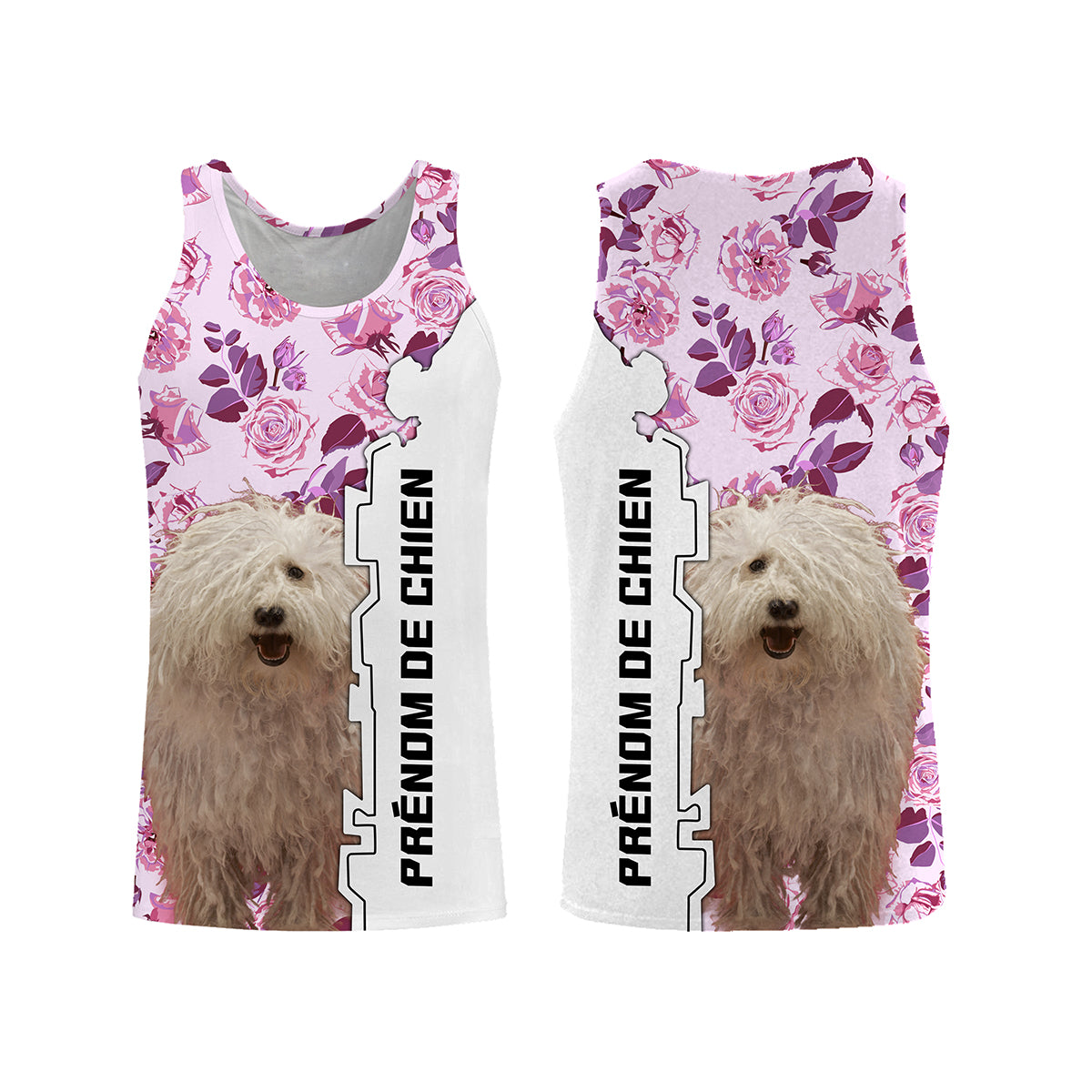 Sweat berger hongrois Komondor femme all-over fond rose motif chien blanc cordes photo prénom personnalisés cynophile