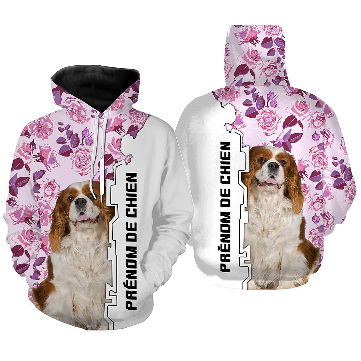 Hoodie Cavalier King Charles femme all-over fond blanc roses violettes motif spaniel blenheim photo prénom personnalisés