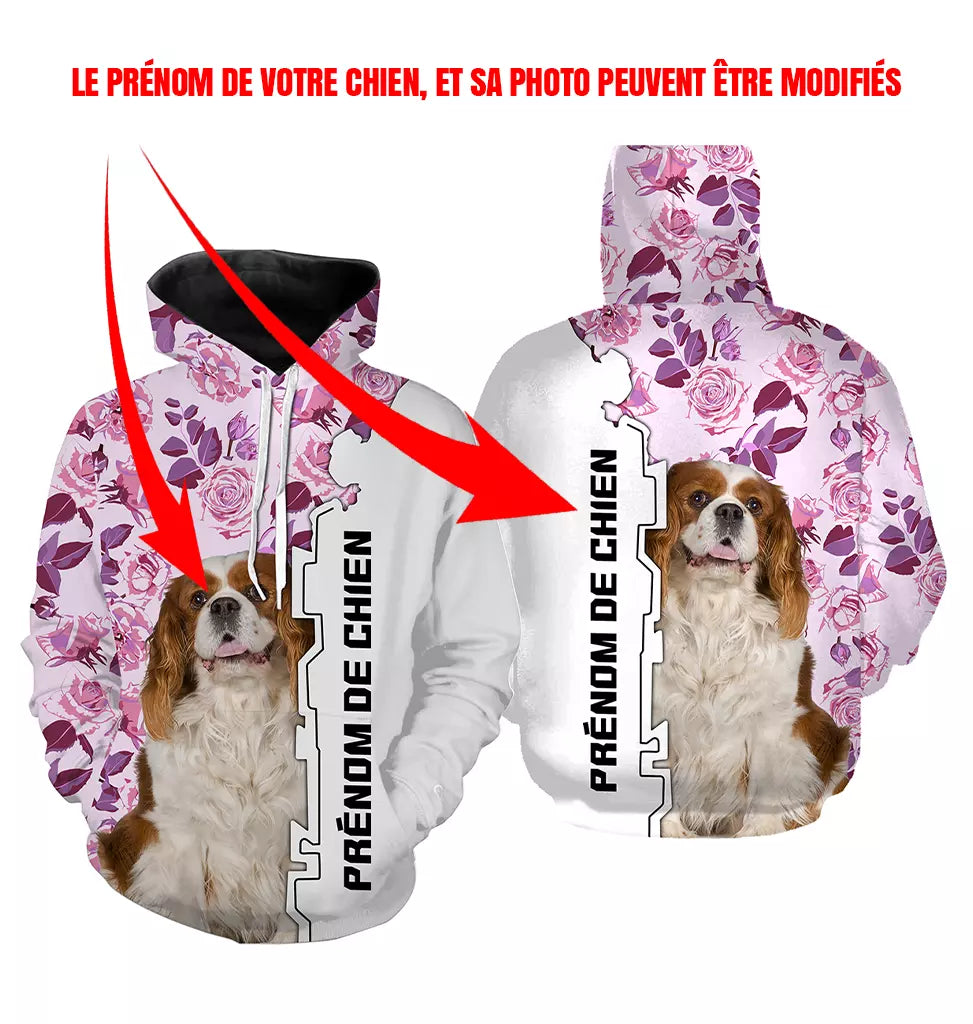Sweat Cavalier King Charles Spaniel femme all-over fond blanc roses motif Cavalier blenheim photo prénom personnalisés