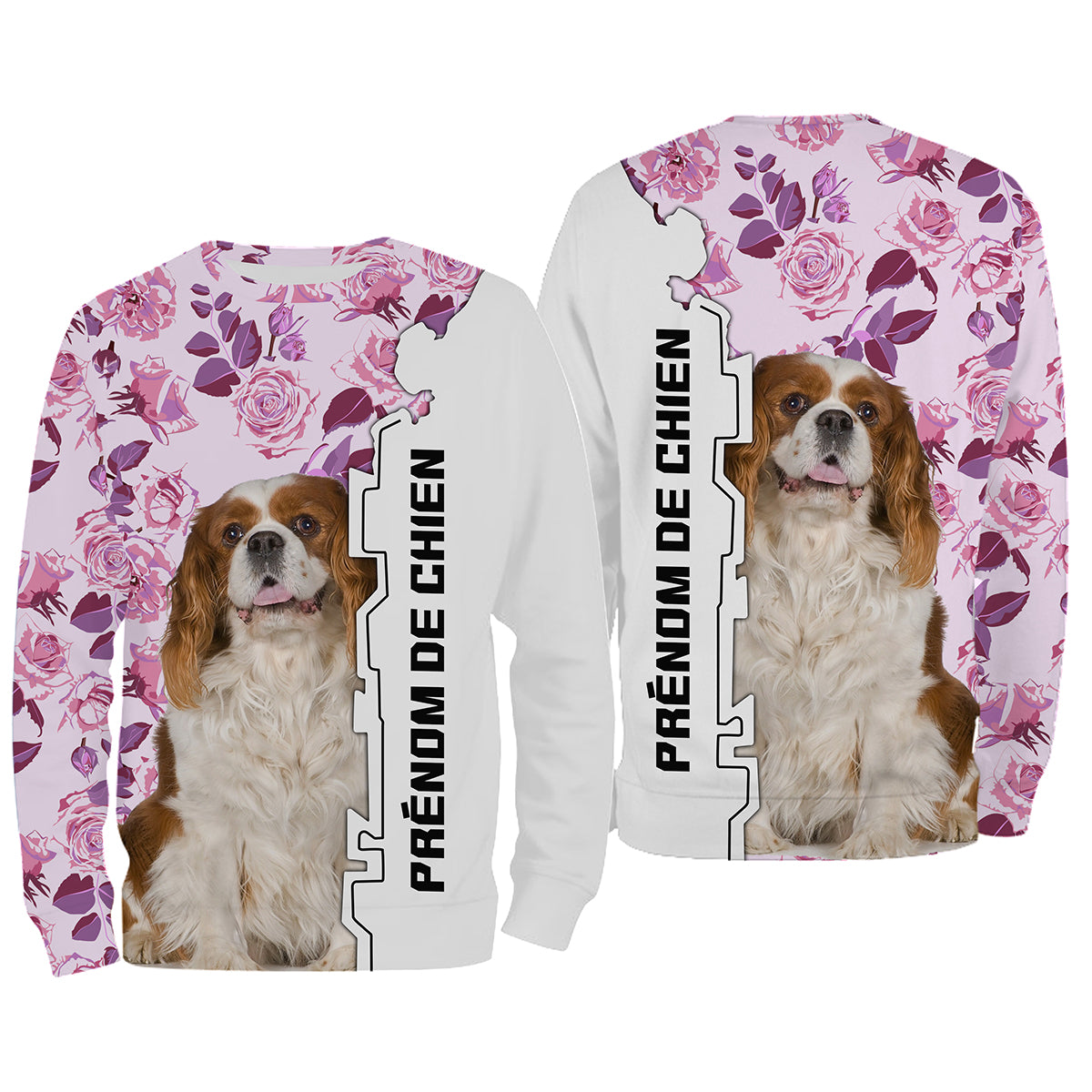 T-shirt Cavalier King Charles Spaniel femme all-over fond floral rose motif spaniel blenheim photo prénom personnalisés