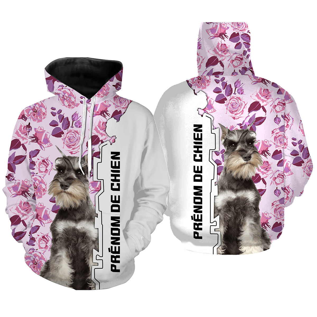 T-shirt Schnauzer Géant femme fond floral rose motif chien noir Riesenschnauzer photo prénom personnalisés cynophile