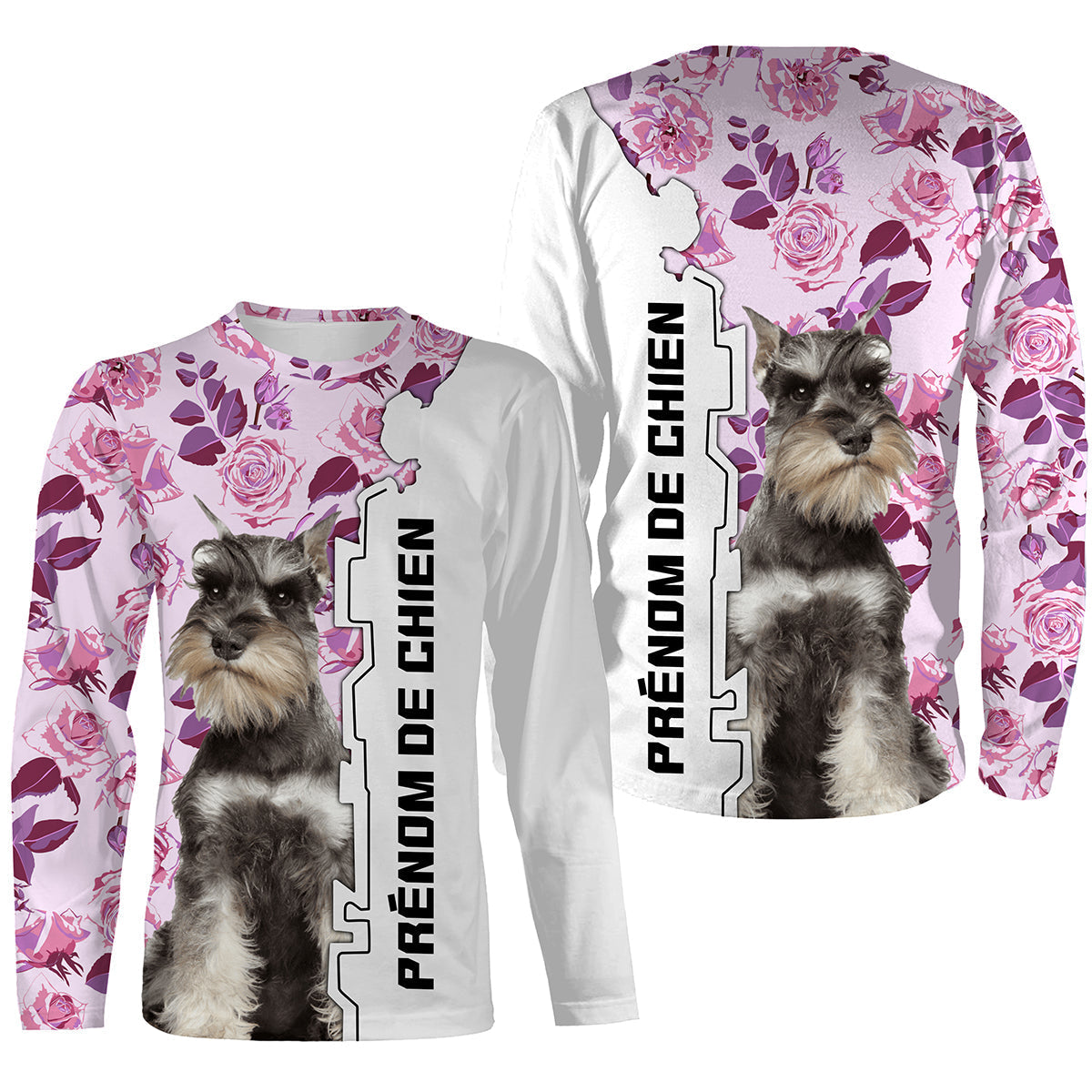 Sweat capuche chien Schnauzer Géant femme all-over fond floral rose motif chien noir photo prénom personnalisés