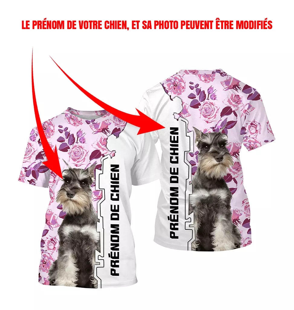 T-shirt chien Schnauzer Géant femme all-over fond blanc roses roses violettes motif Riesenschnauzer noir photo prénom