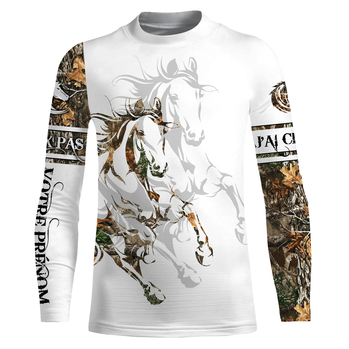 T-shirt cheval enfant manches longues tatouage tribal camouflage slogan J'peux pas J'ai Cheval prénom