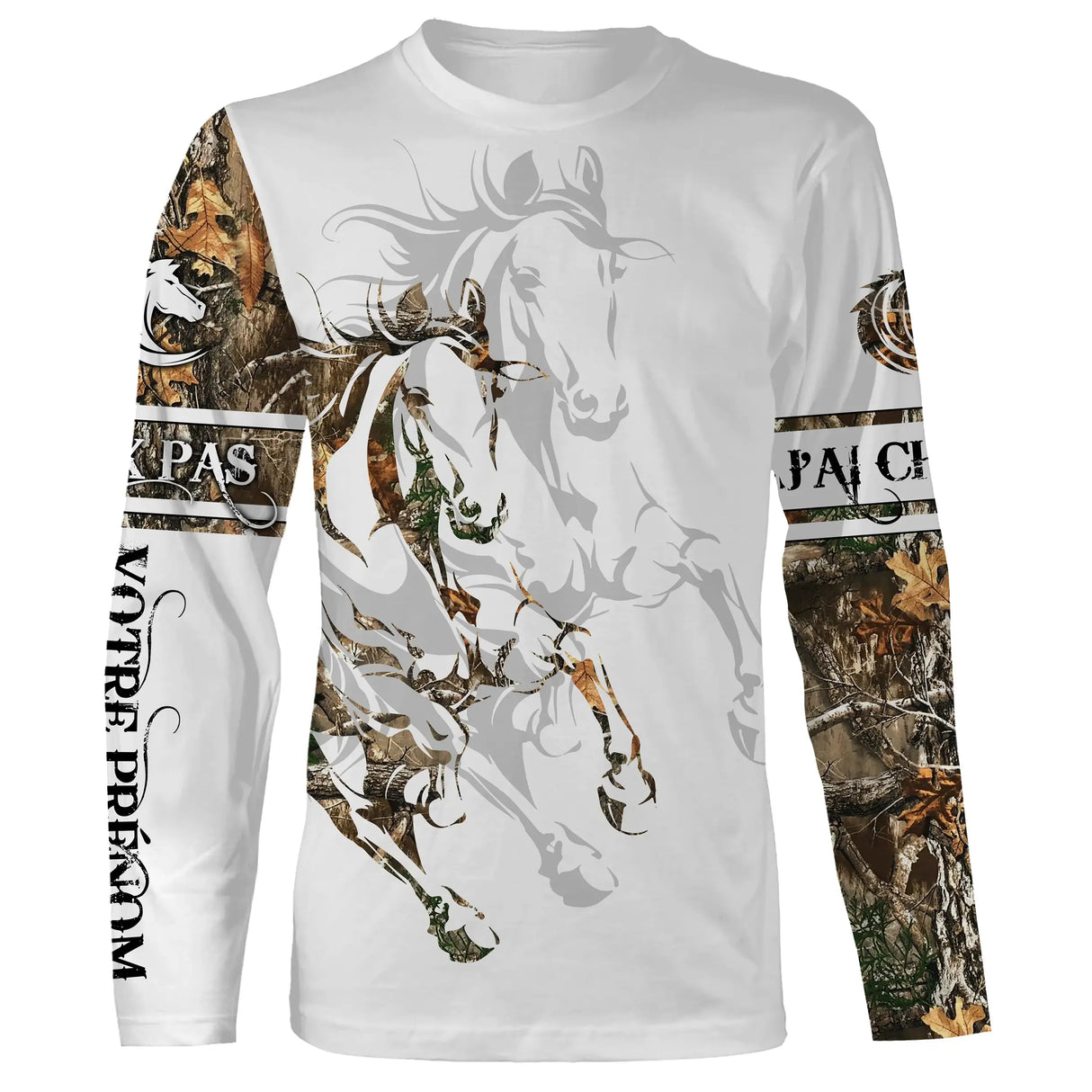 T-shirt cheval manches longues tatouage tribal camouflage slogan J'peux pas J'ai Cheval prénom personnalisé