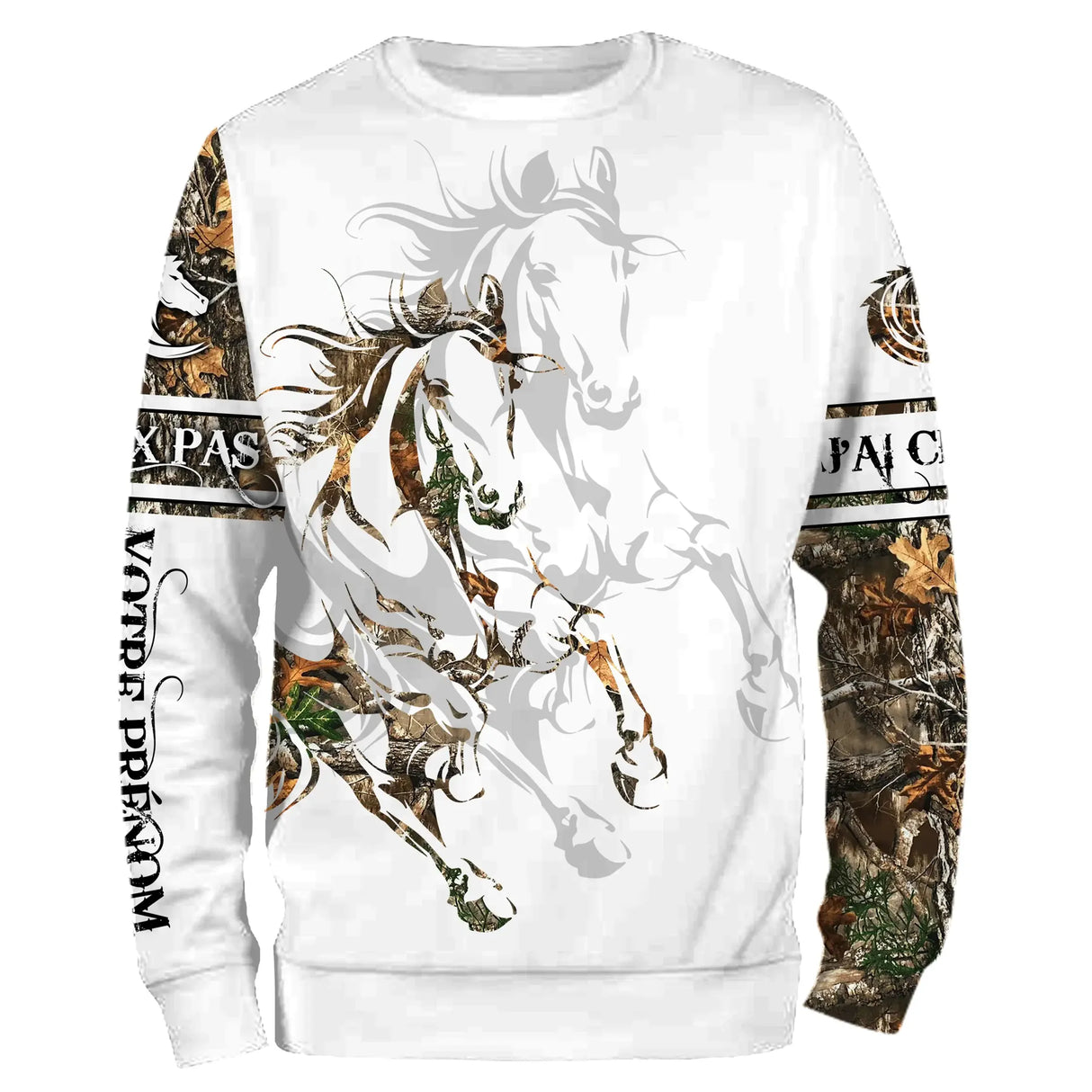 Sweater cheval unisexe tatouage tribal camouflage slogan J'peux pas J'ai Cheval prénom personnalisé