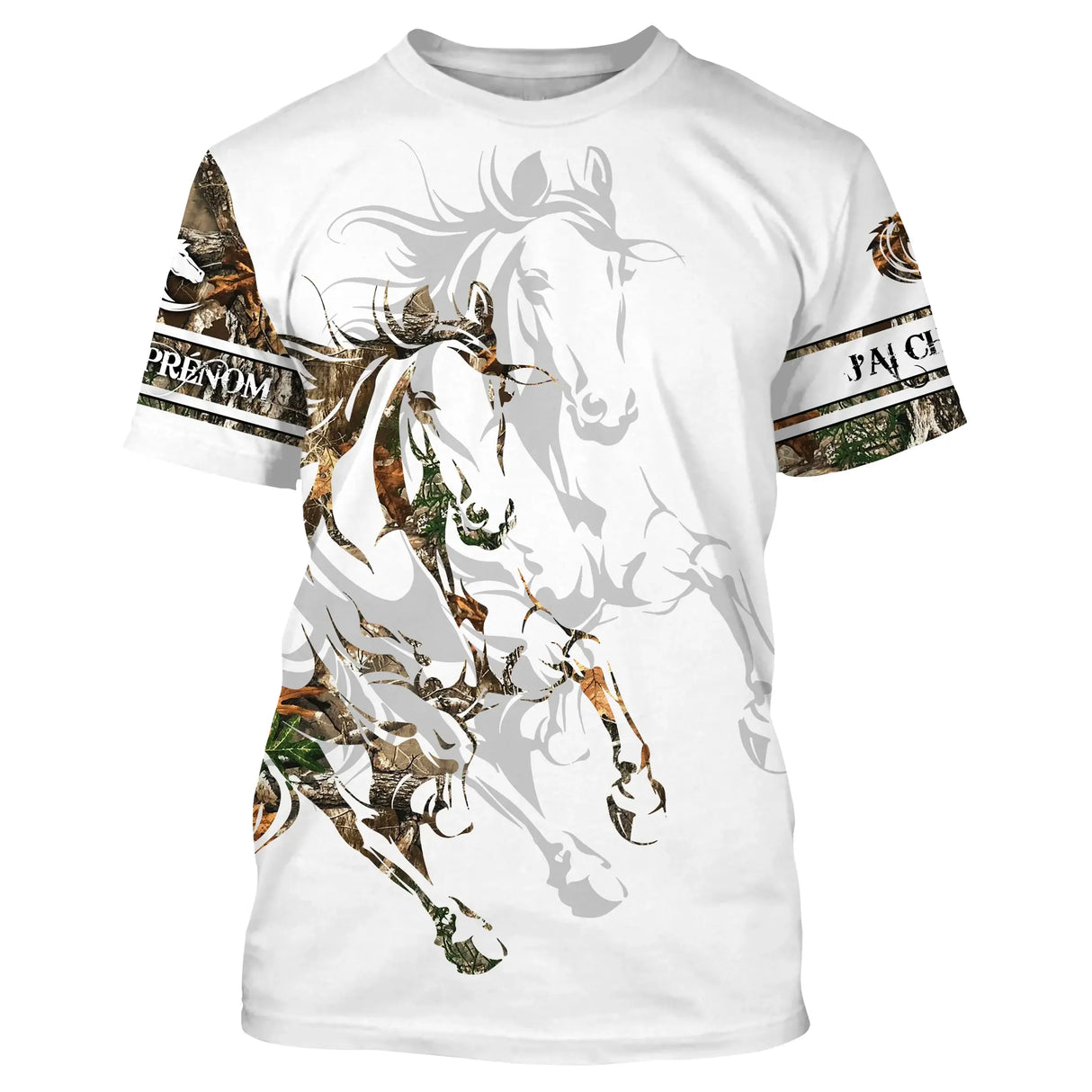 T-shirt cheval all-over blanc tatouage tribal camouflage slogan J'peux pas J'ai Cheval manche prénom