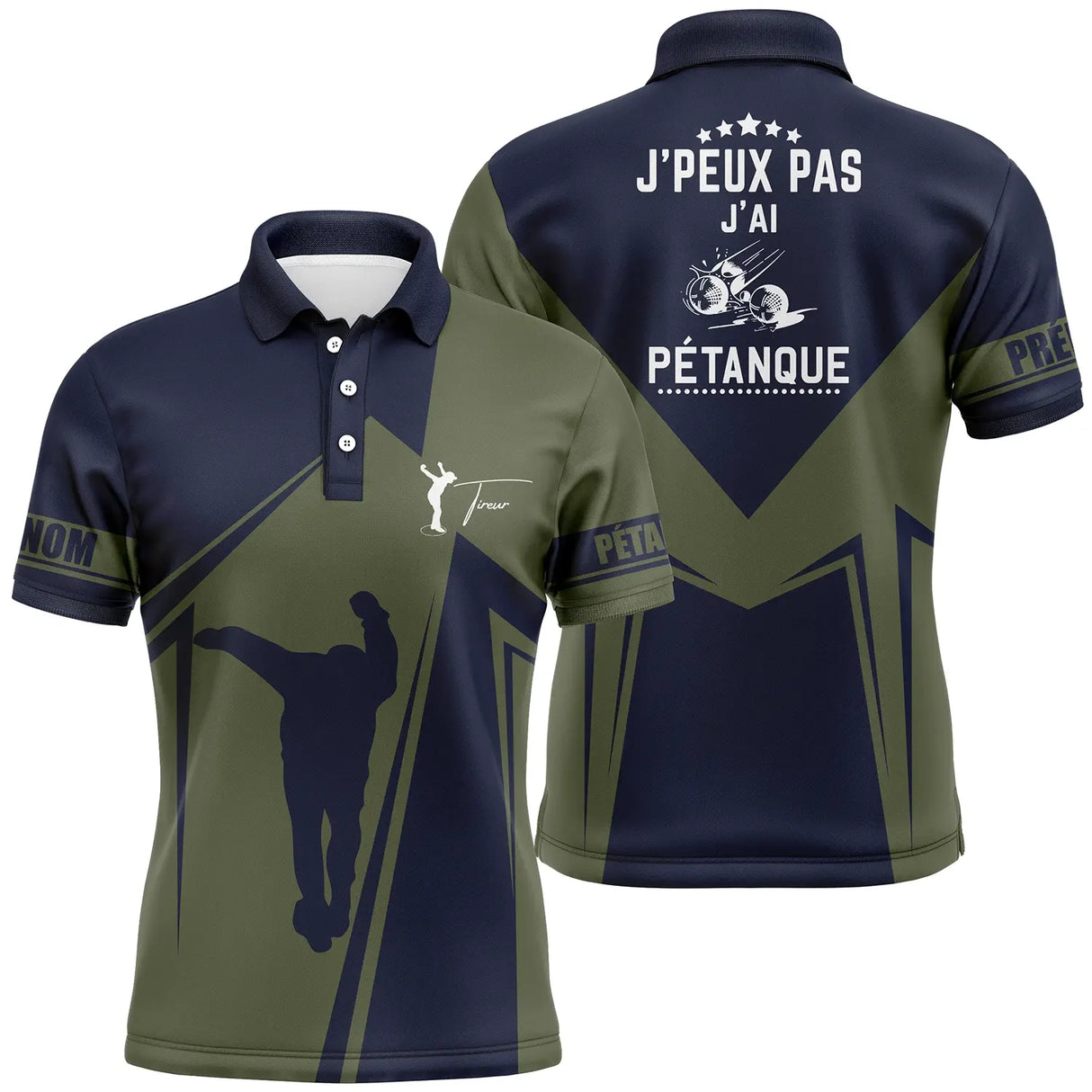Polo pétanque bleu marine et vert kaki silhouette tireur en lancer message j'peux pas j'ai pétanque PRÉNOM personnalisé