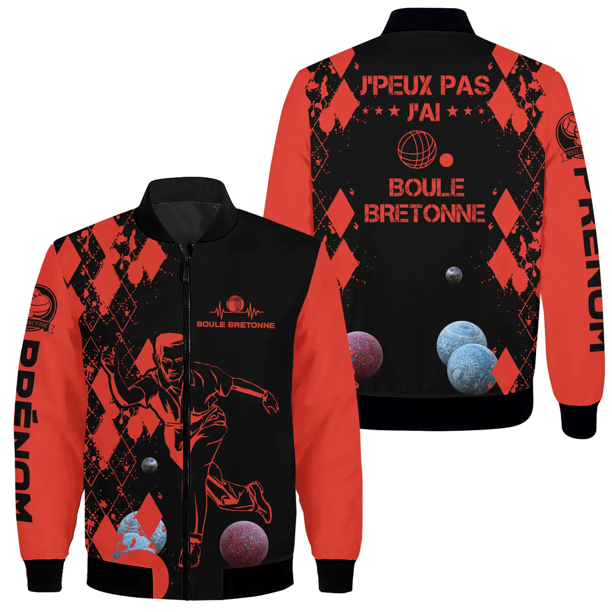 Veste zippée modèle 2 boule bretonne rouge et noir avec joueur en action et prénom au torse