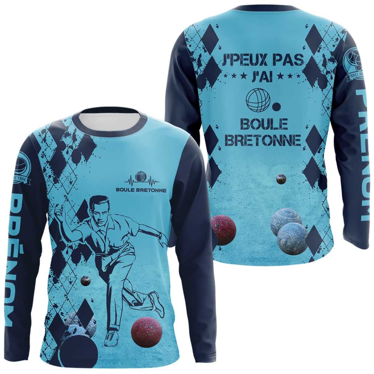 T-shirt manches longues boule bretonne bleu humour devant joueur boules colorées prénom personnalisé