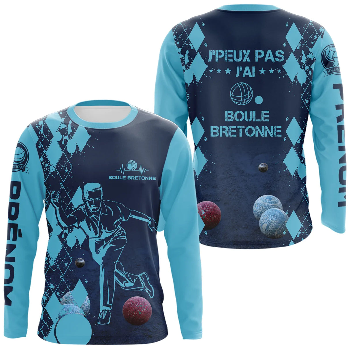 T-shirt manches longues boule bretonne bleu marine humour devant joueur boules personnalisé