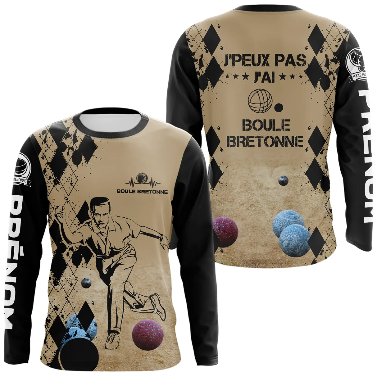 T-shirt manches longues boule bretonne sable humour devant joueur boules colorées prénom personnalisé