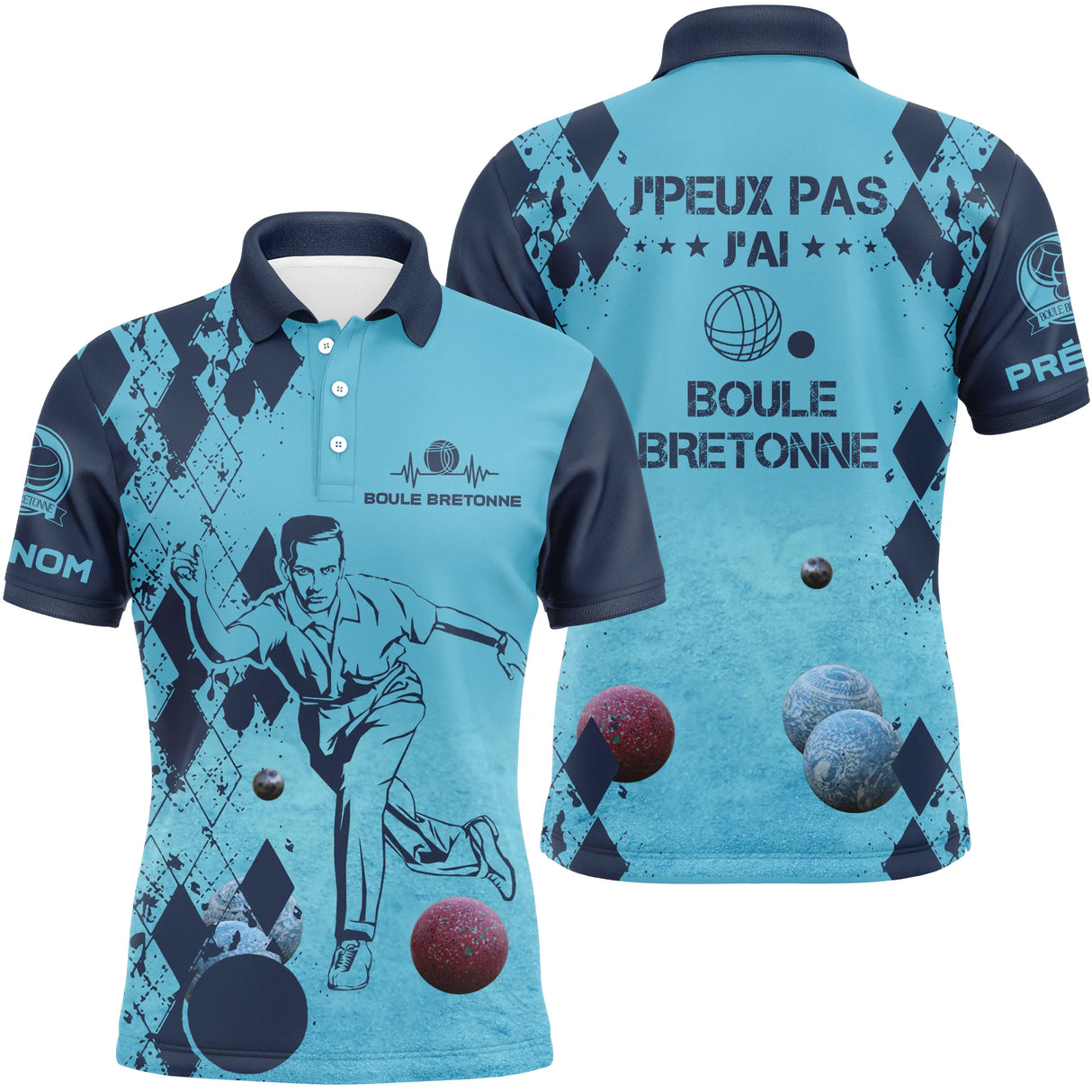 Polo boule bretonne homme bleu humour j'peux pas devant joueur boules colorées prénom manche personnalisé