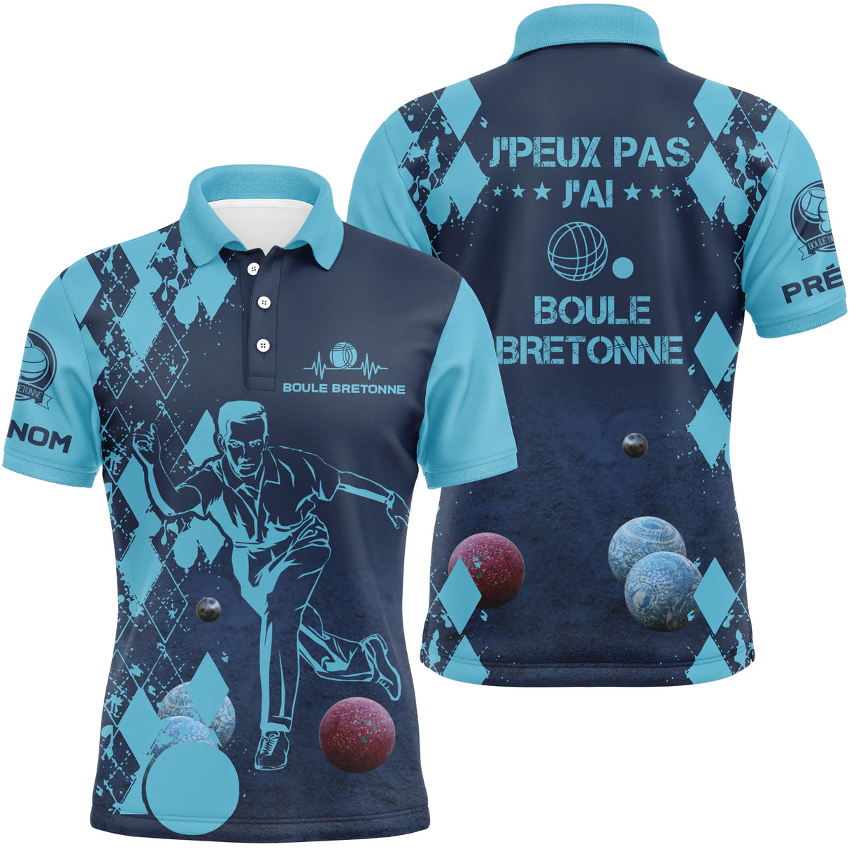 Polo boule bretonne homme bleu marine humour devant joueur boules colorées prénom manche personnalisé